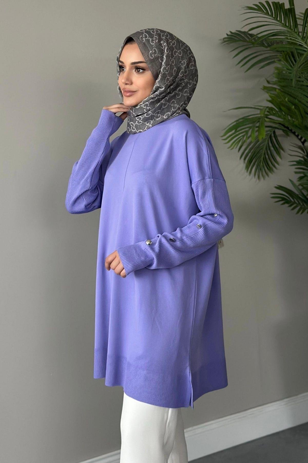 Metal Düğmeli Merserize Tunik Lila, Fiyatları 