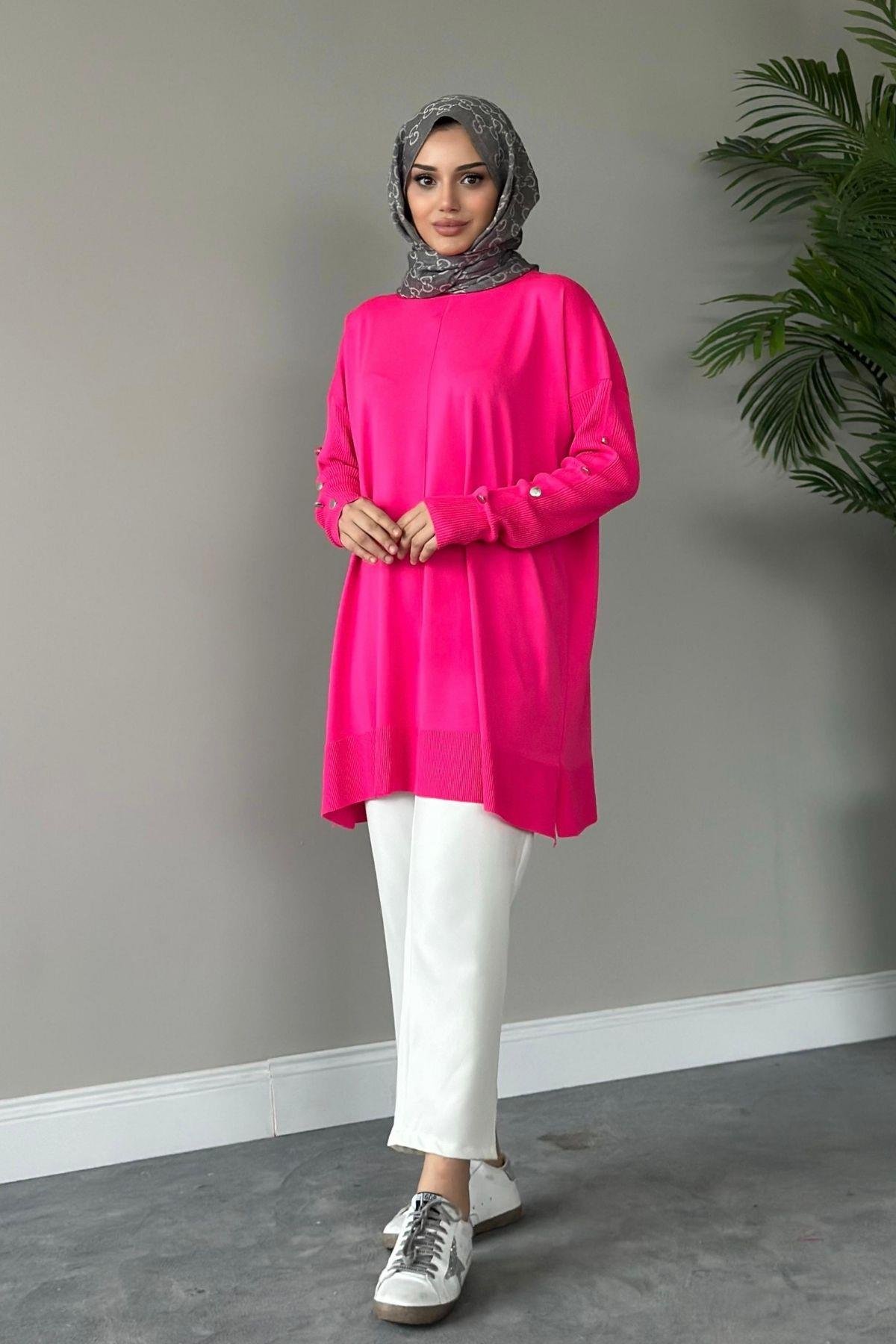 Metal Düğmeli Merserize Tunik Pembe, Fiyatları 