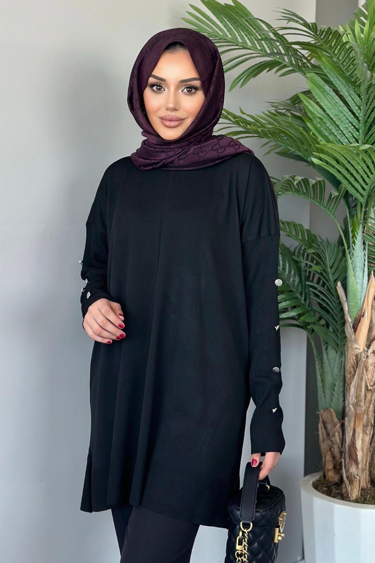 Metal Düğmeli Merserize Tunik Siyah, Fiyatları 