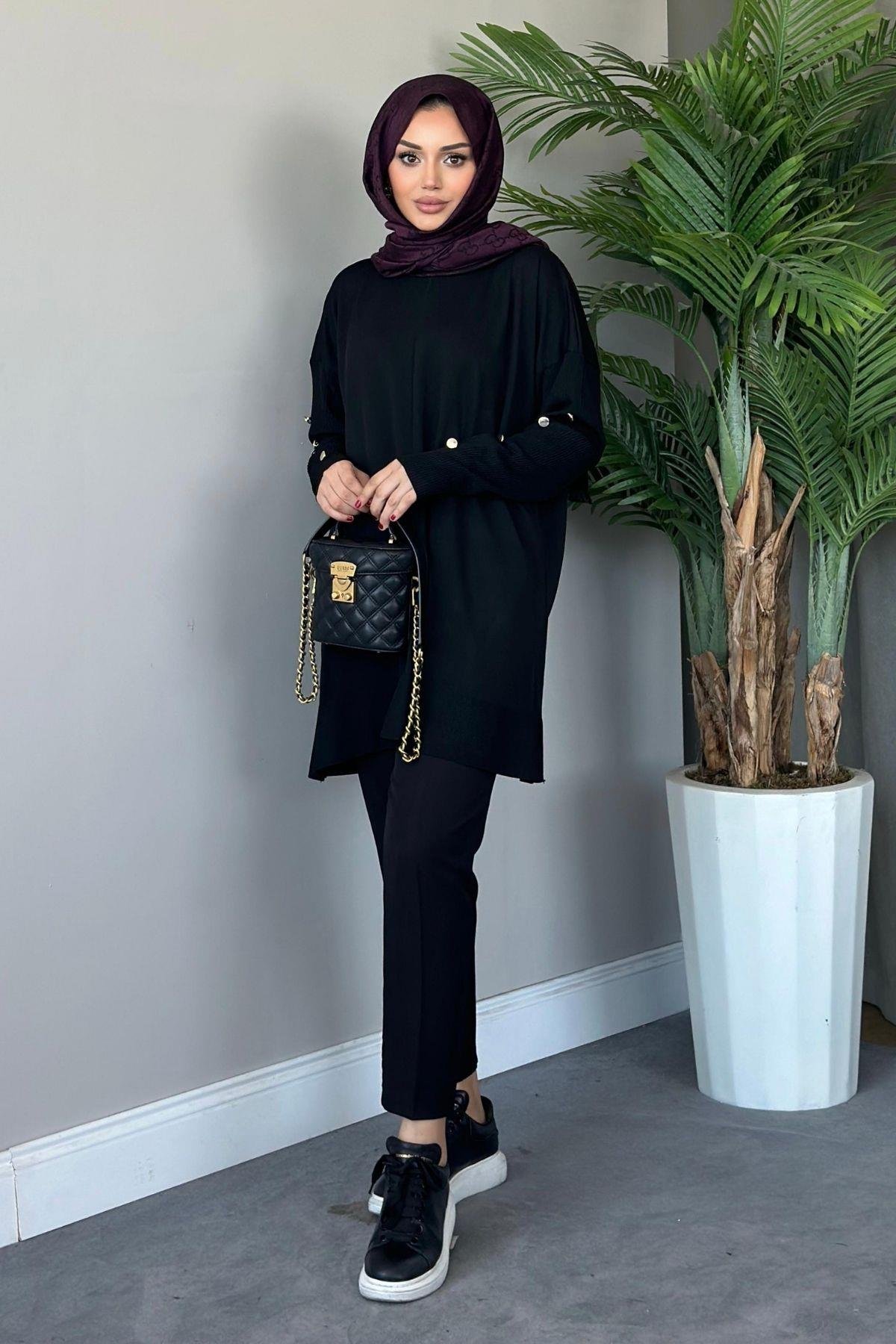 Metal Düğmeli Merserize Tunik Siyah, Fiyatları 