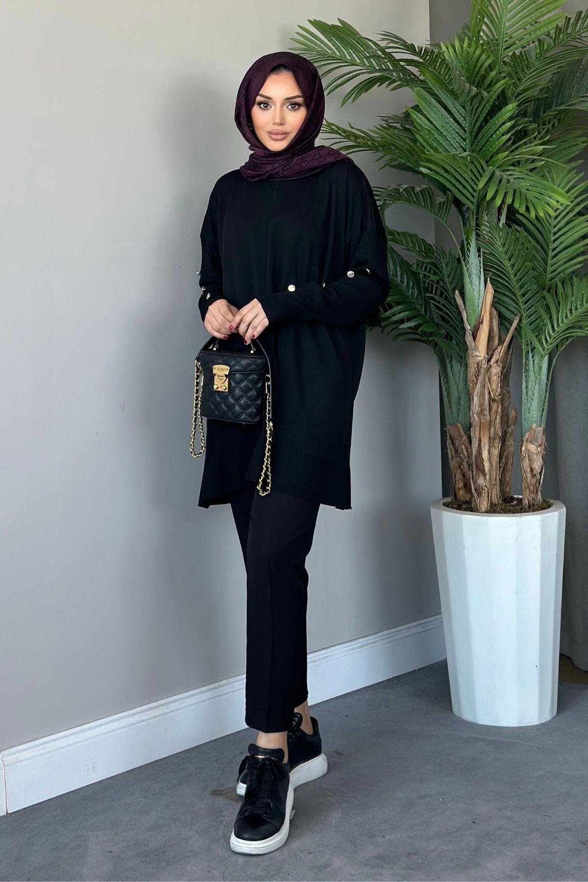 Metal Düğmeli Merserize Tunik Siyah, Fiyatları 