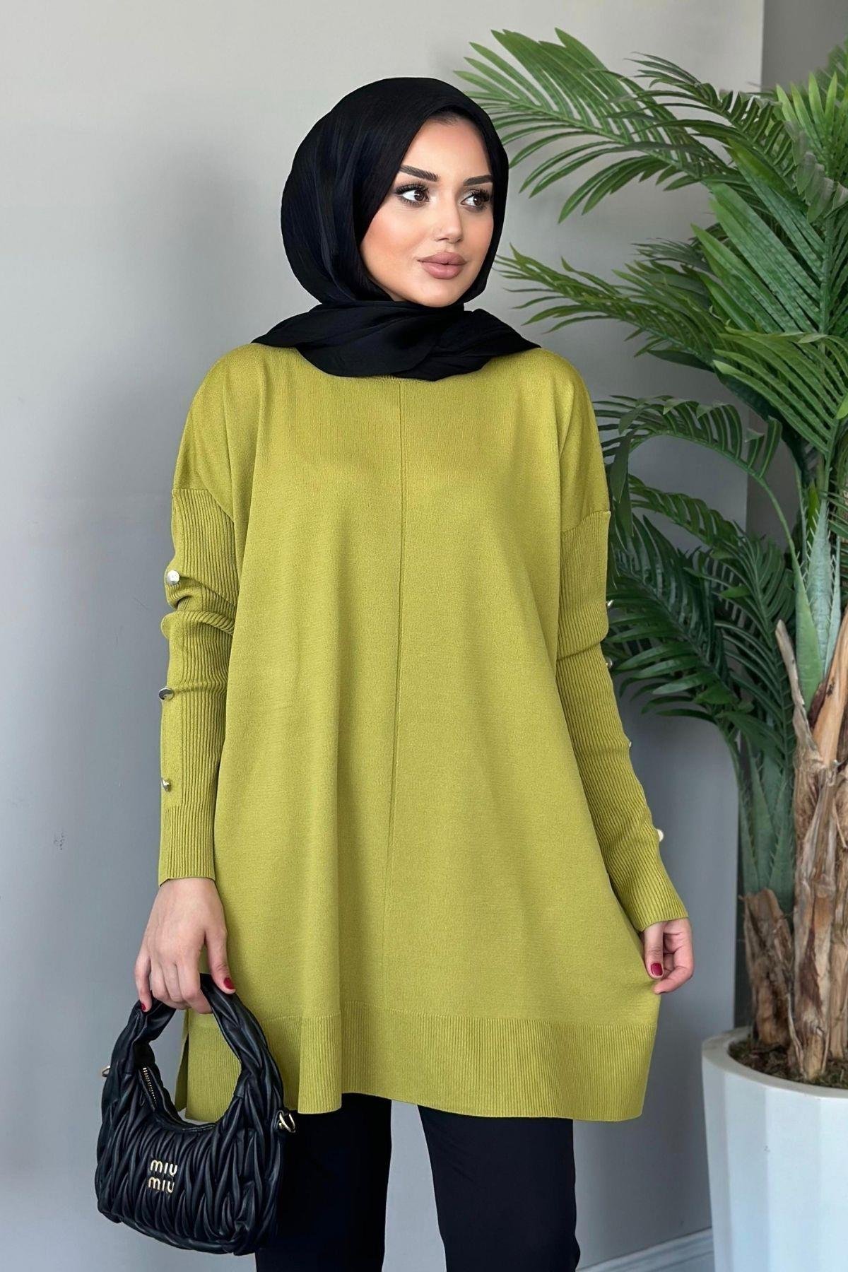 Metal Düğmeli Merserize Tunik Yağyeşili, Fiyatları 