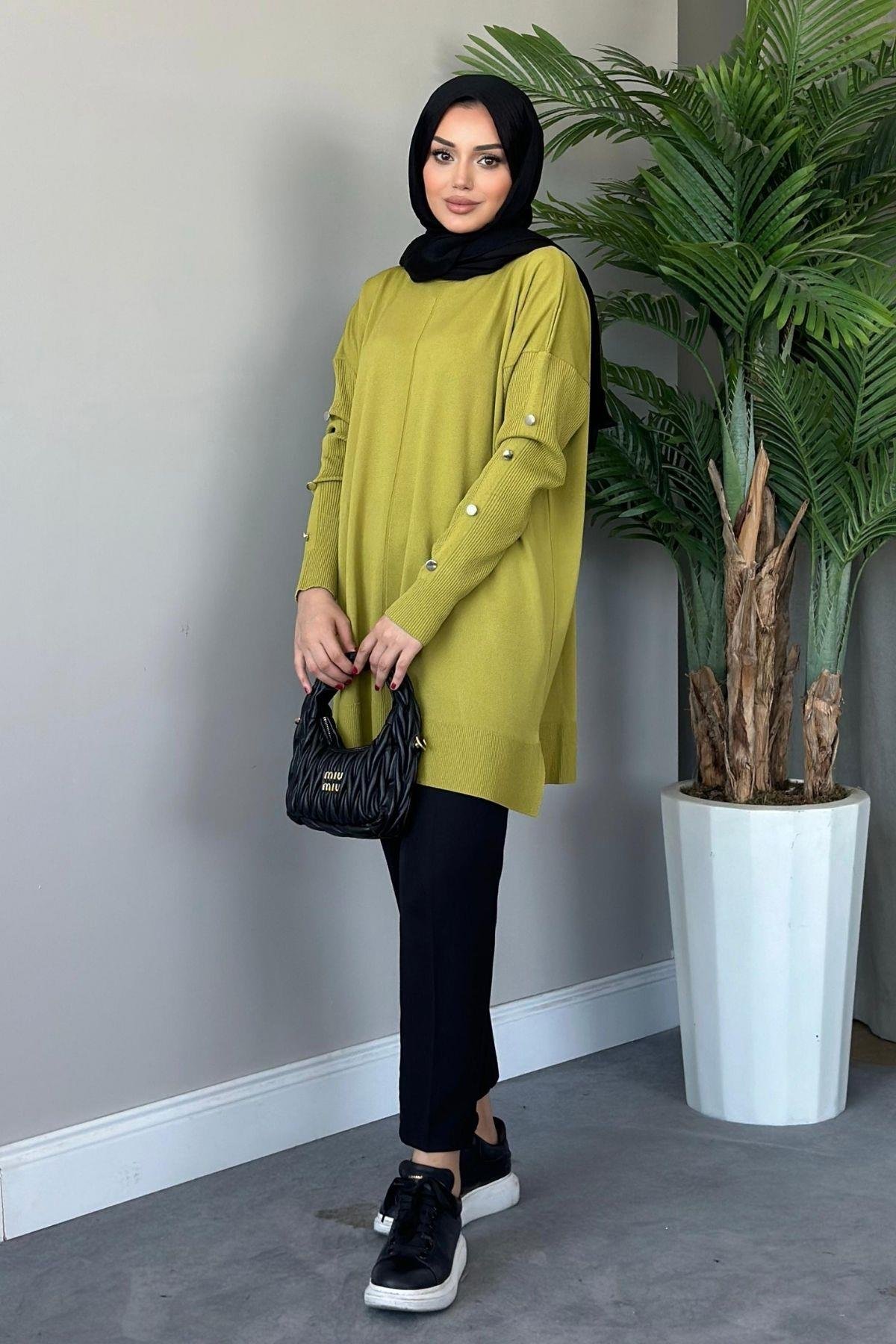 Metal Düğmeli Merserize Tunik Yağyeşili, Fiyatları 