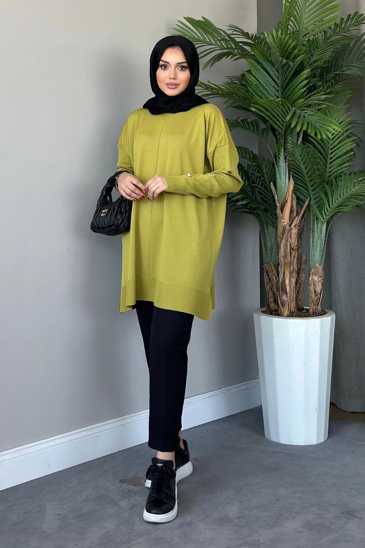 Metal Düğmeli Merserize Tunik Yağyeşili, Fiyatları 