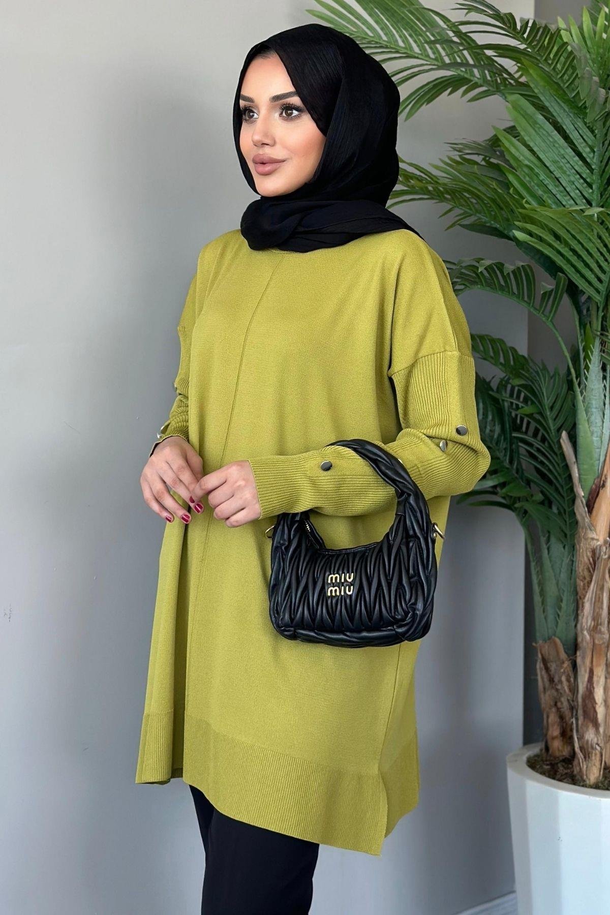 Metal Düğmeli Merserize Tunik Yağyeşili, Fiyatları 