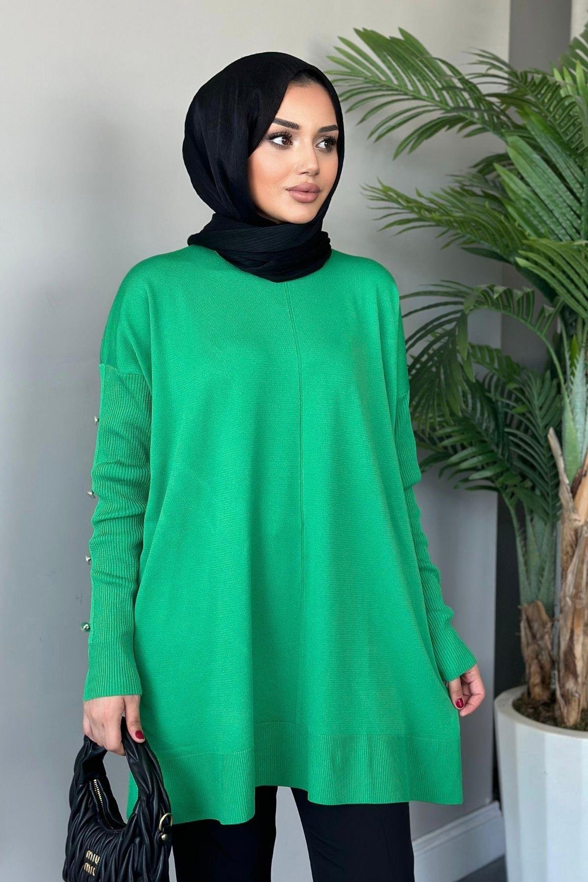 Metal Düğmeli Merserize Tunik Yeşil, Fiyatları 