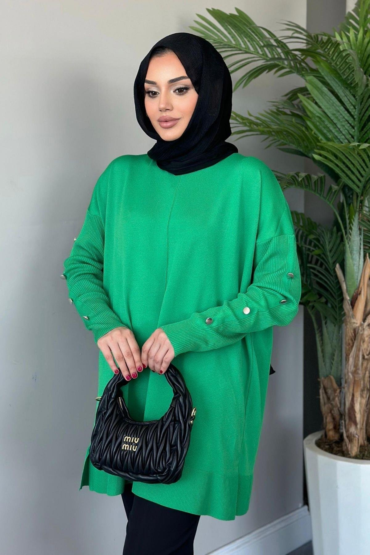 Metal Düğmeli Merserize Tunik Yeşil, Fiyatları 