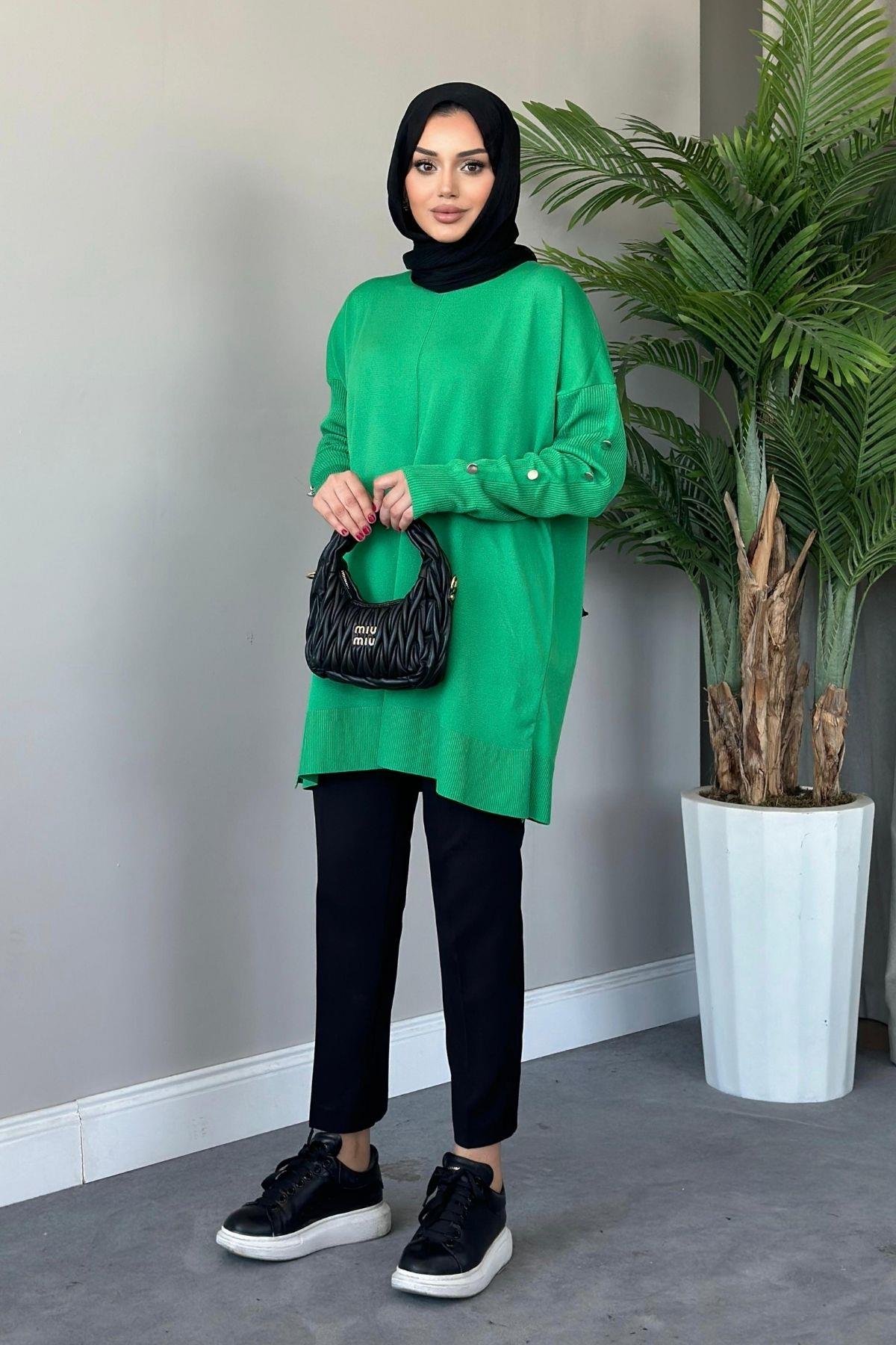 Metal Düğmeli Merserize Tunik Yeşil, Fiyatları 