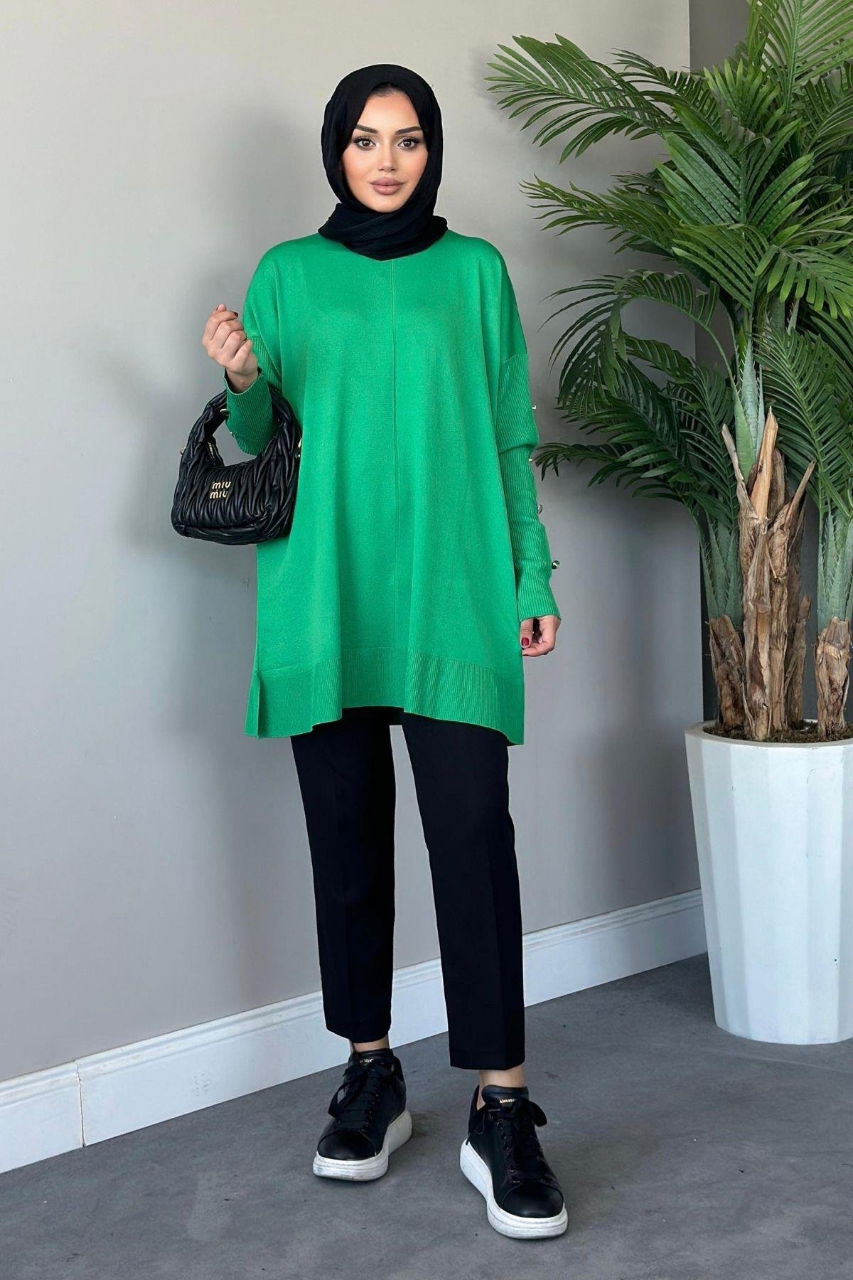 Metal Düğmeli Merserize Tunik Yeşil, Fiyatları 