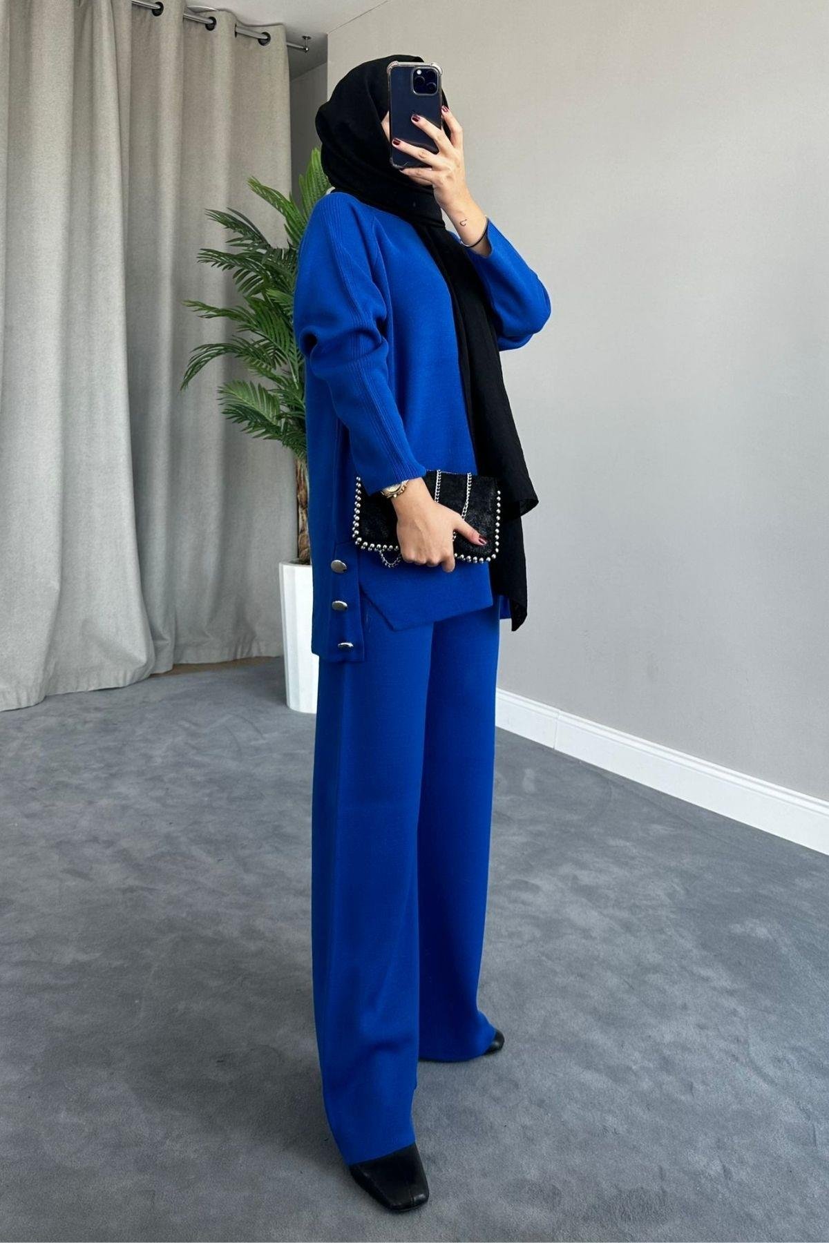 Metal Düğmeli Triko Takım Saks, Fiyatları 