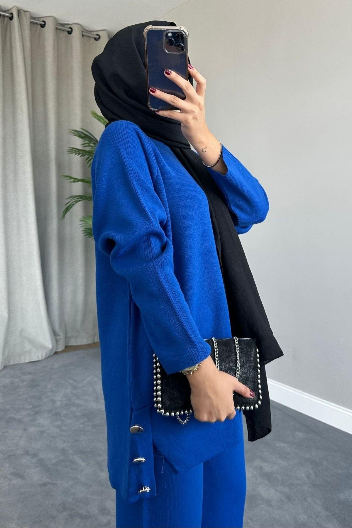 Metal Düğmeli Triko Takım Saks, Fiyatları 