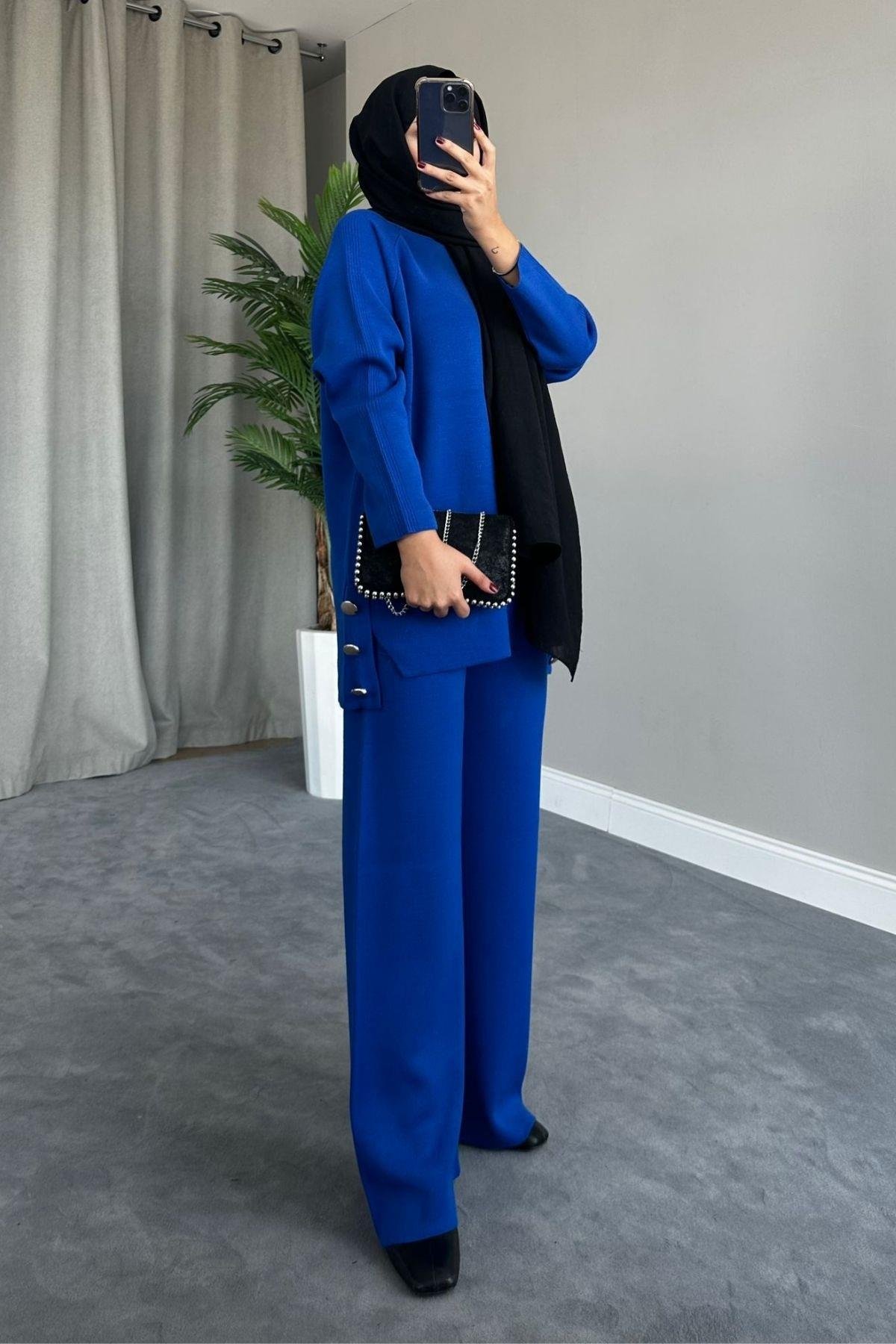 Metal Düğmeli Triko Takım Saks, Fiyatları 