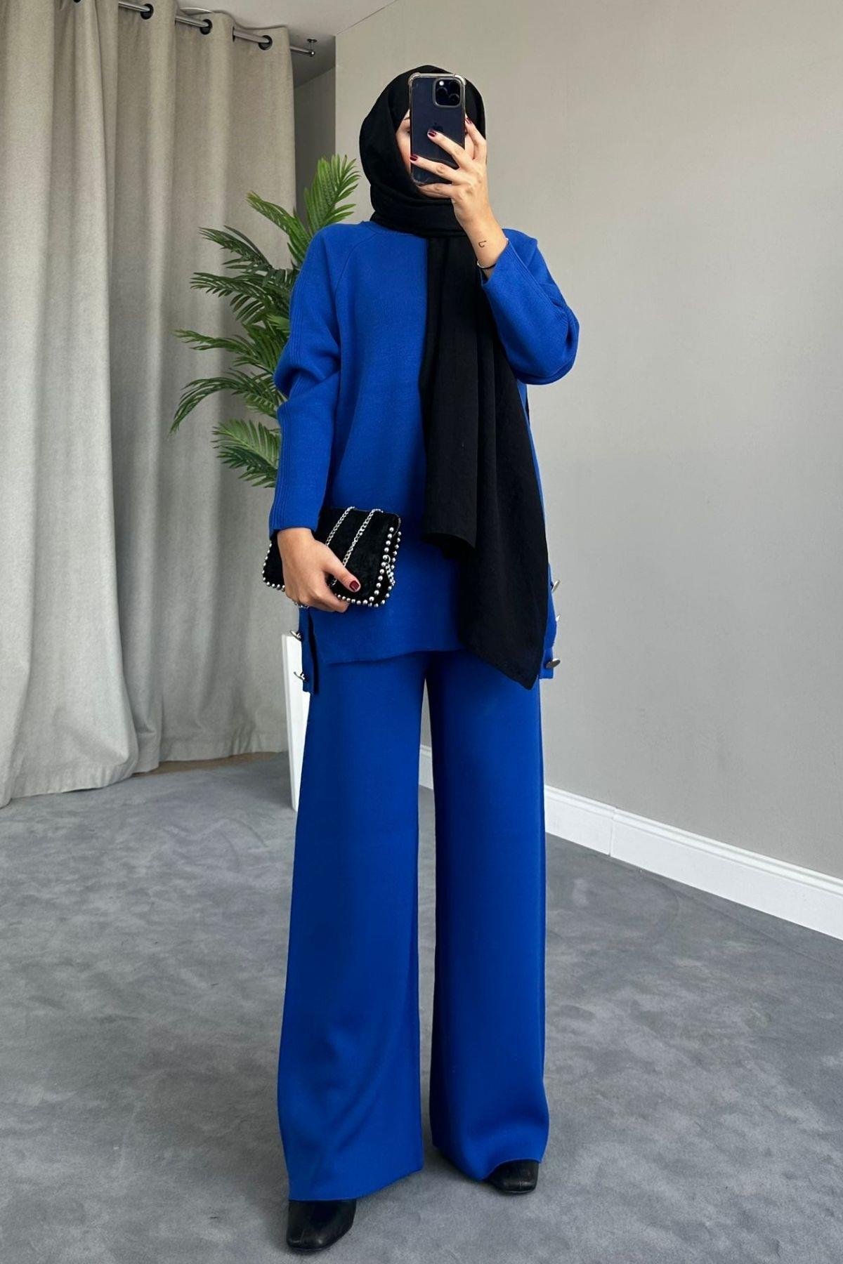 Metal Düğmeli Triko Takım Saks, Fiyatları 