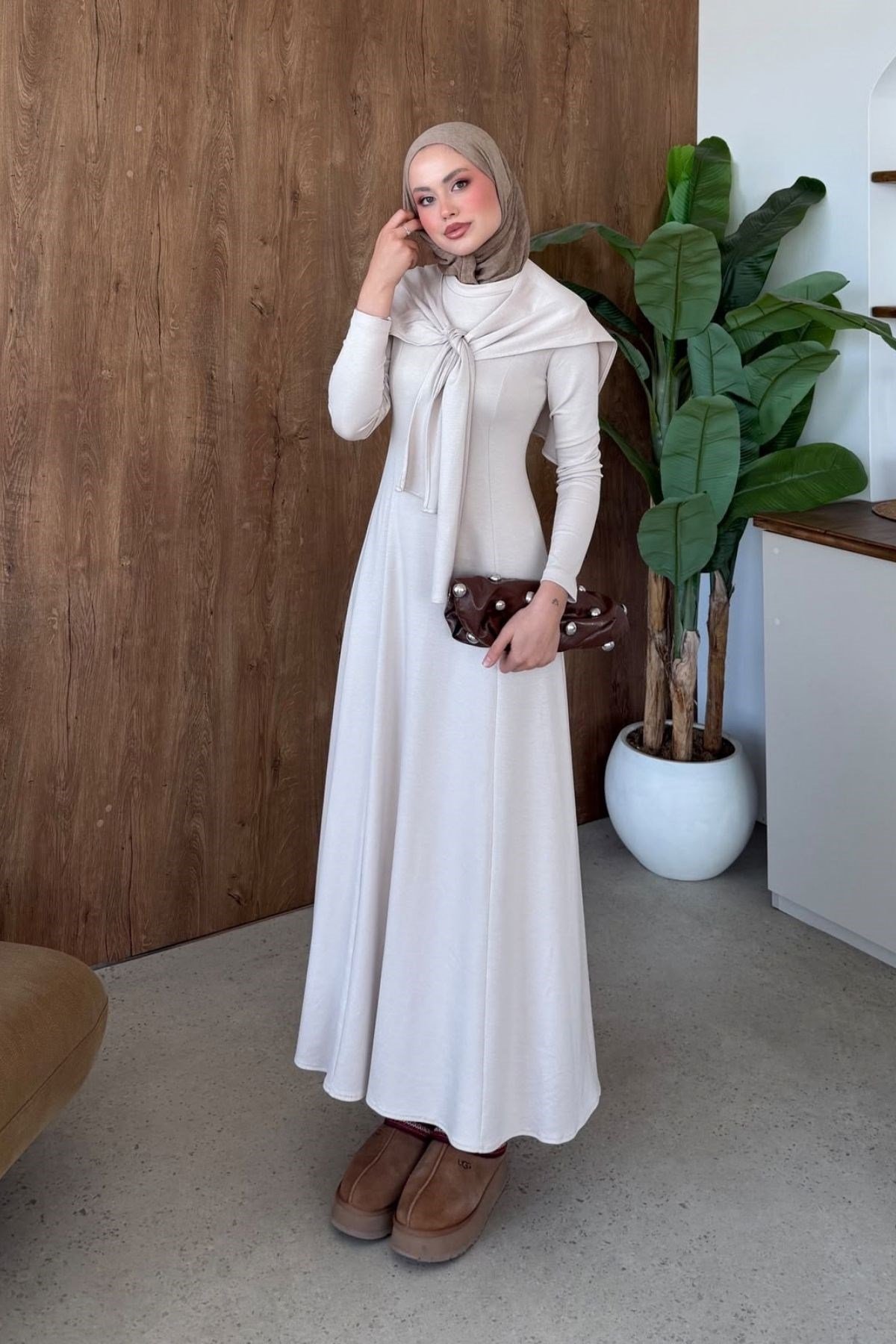 Meylin Şal Detay Elbise Bej, Fiyatları Meylin Şal Detay Elbise Bej| Haza Moda