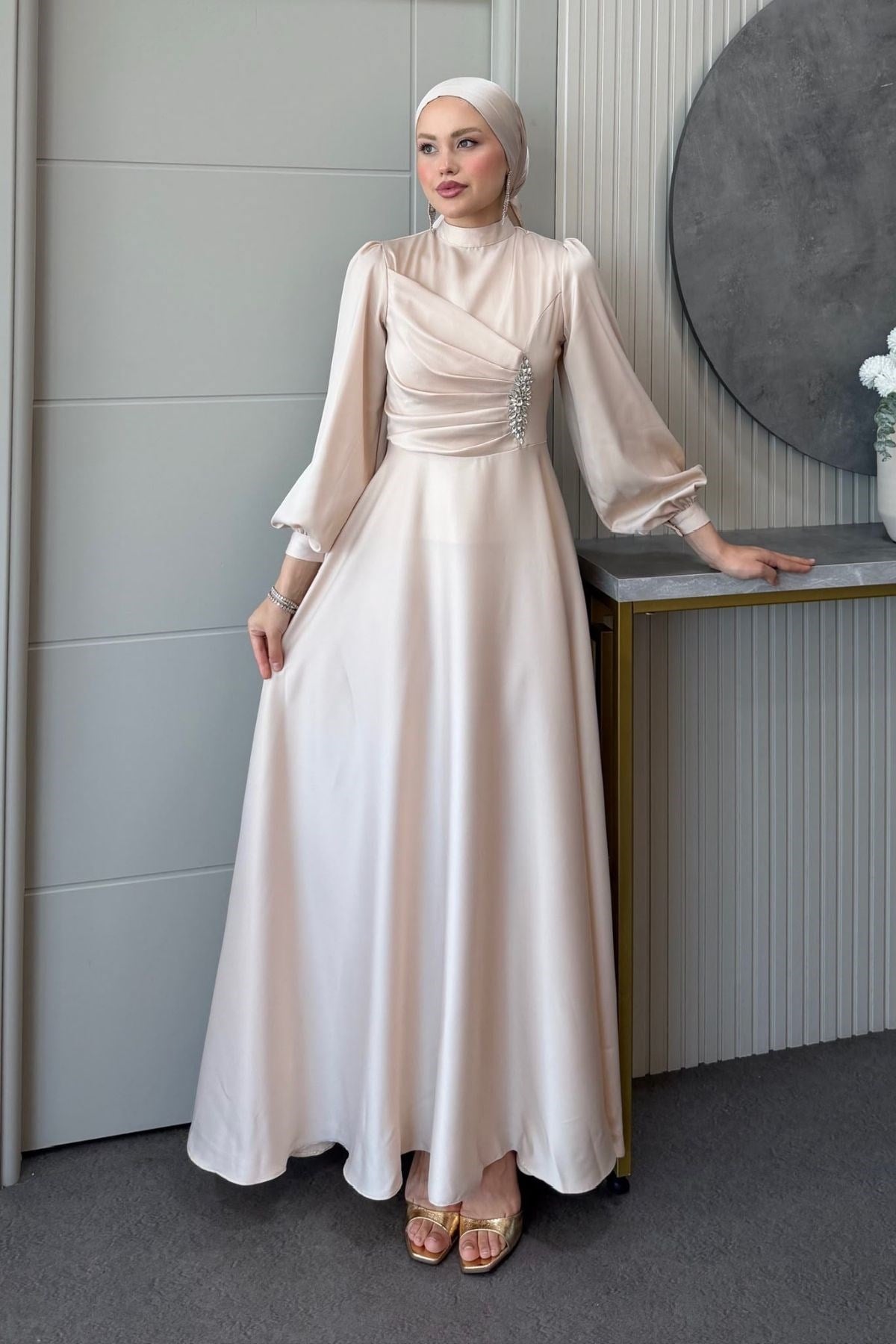 Mihrimah Saten Abiye Bej, Fiyatları Mihrimah Saten Abiye Bej| Haza Moda