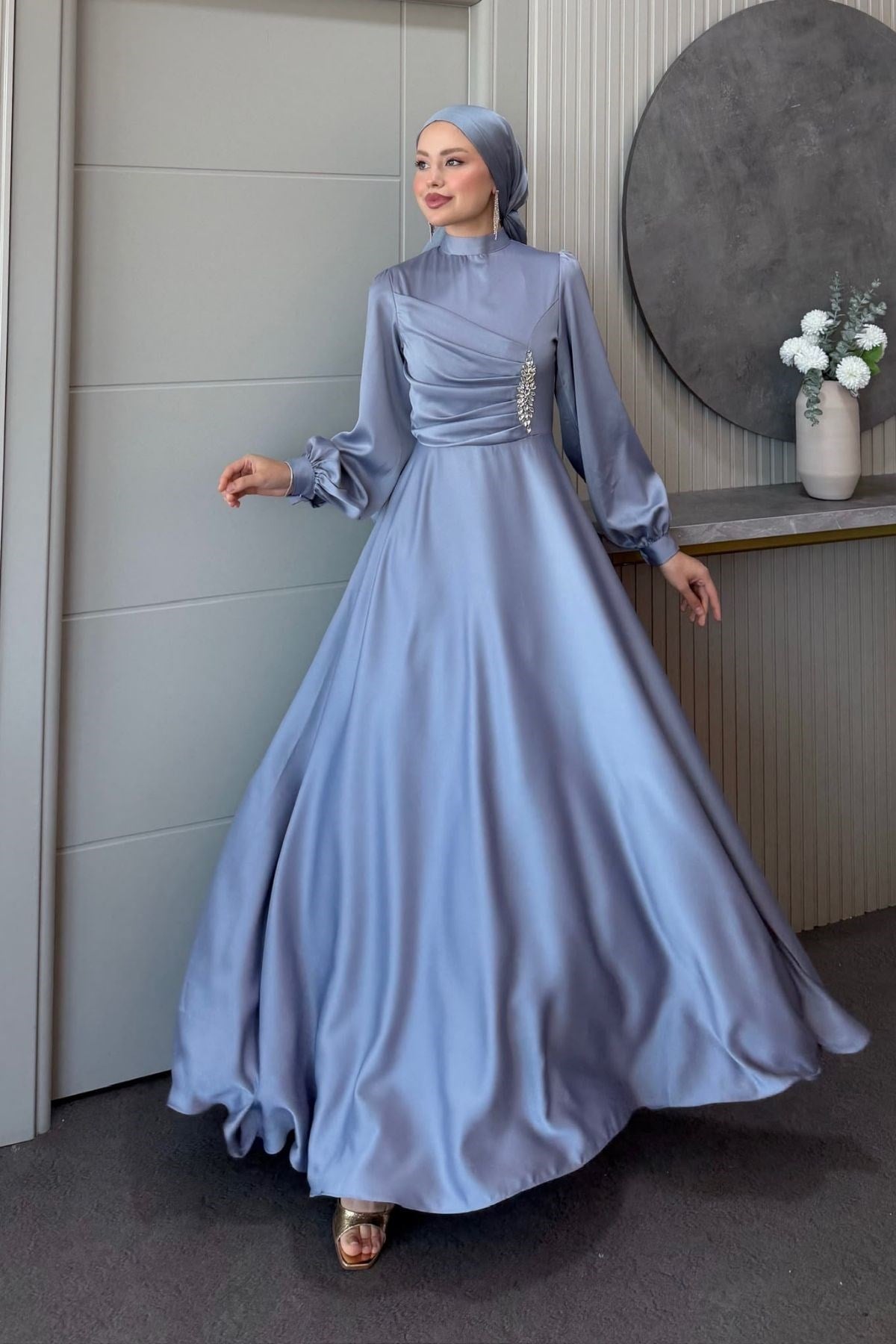 Mihrimah Saten Abiye Gri, Fiyatları Mihrimah Saten Abiye Gri| Haza Moda