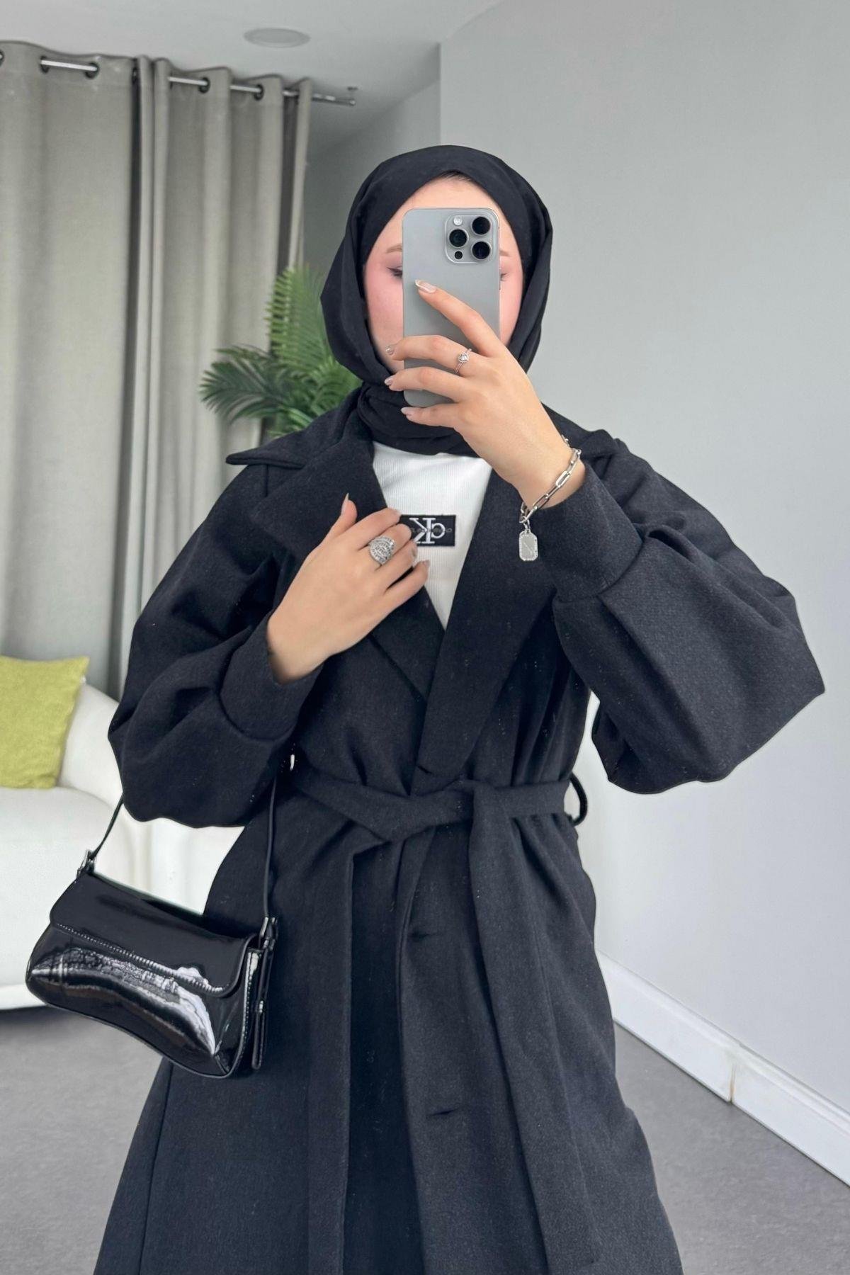 Mihver Kaşe Kaban Antrasit, Fiyatları Haza Moda | Tesettür Giyim | Mihver Kaşe Kaban Antrasit