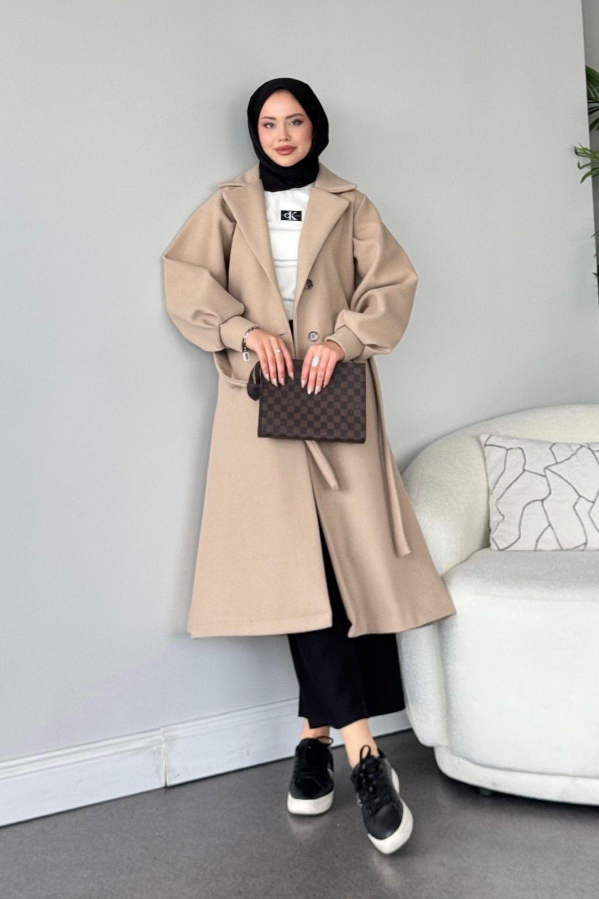 Mihver Kaşe Kaban Bej, Fiyatları Haza Moda | Tesettür Giyim | Mihver Kaşe Kaban Bej