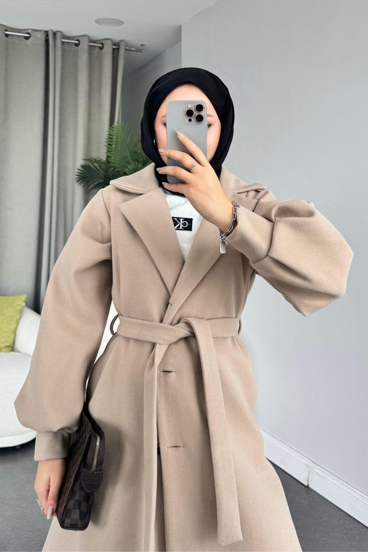 Mihver Kaşe Kaban Bej, Fiyatları Haza Moda | Tesettür Giyim | Mihver Kaşe Kaban Bej