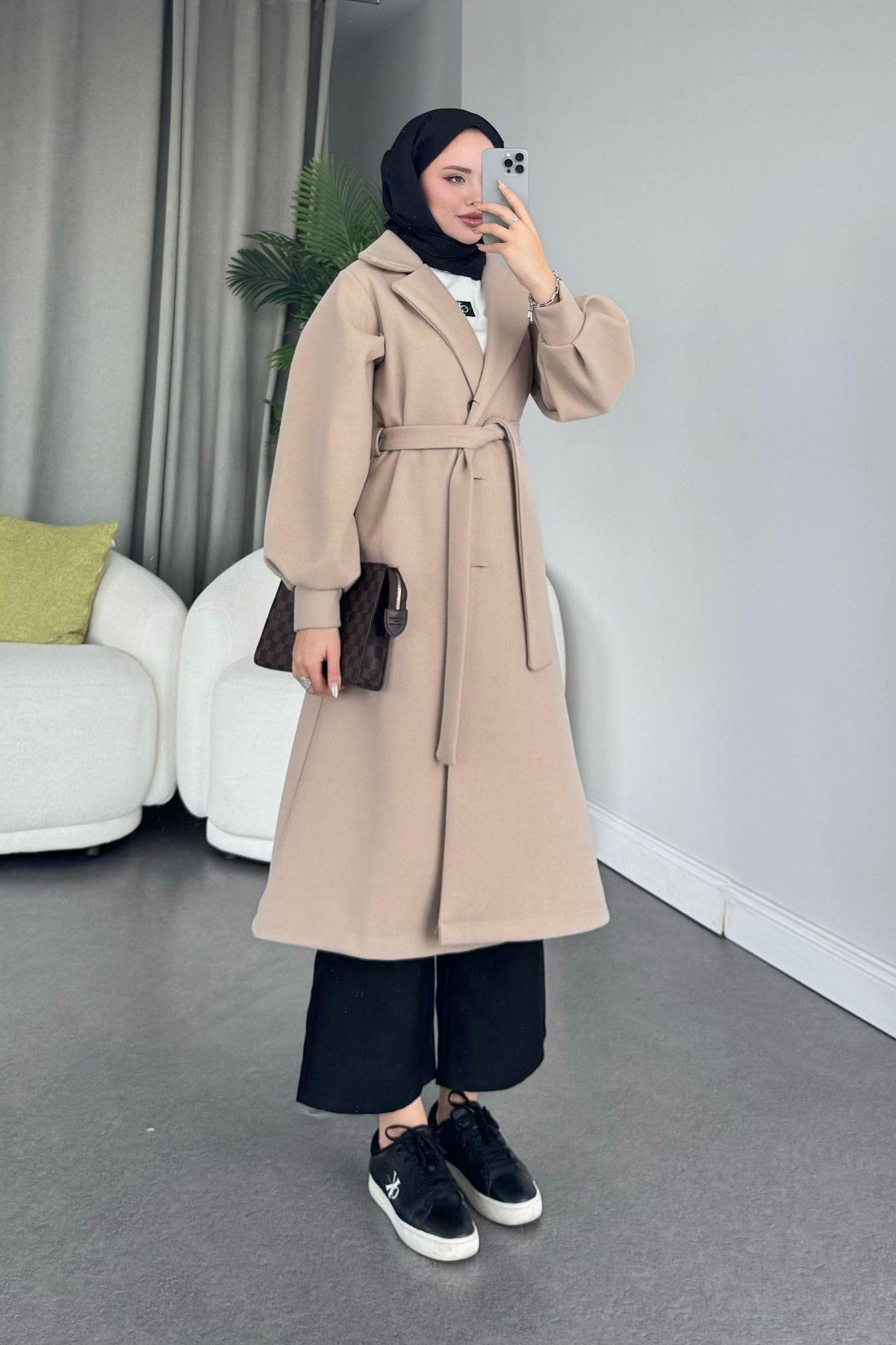Mihver Kaşe Kaban Bej, Fiyatları Haza Moda | Tesettür Giyim | Mihver Kaşe Kaban Bej