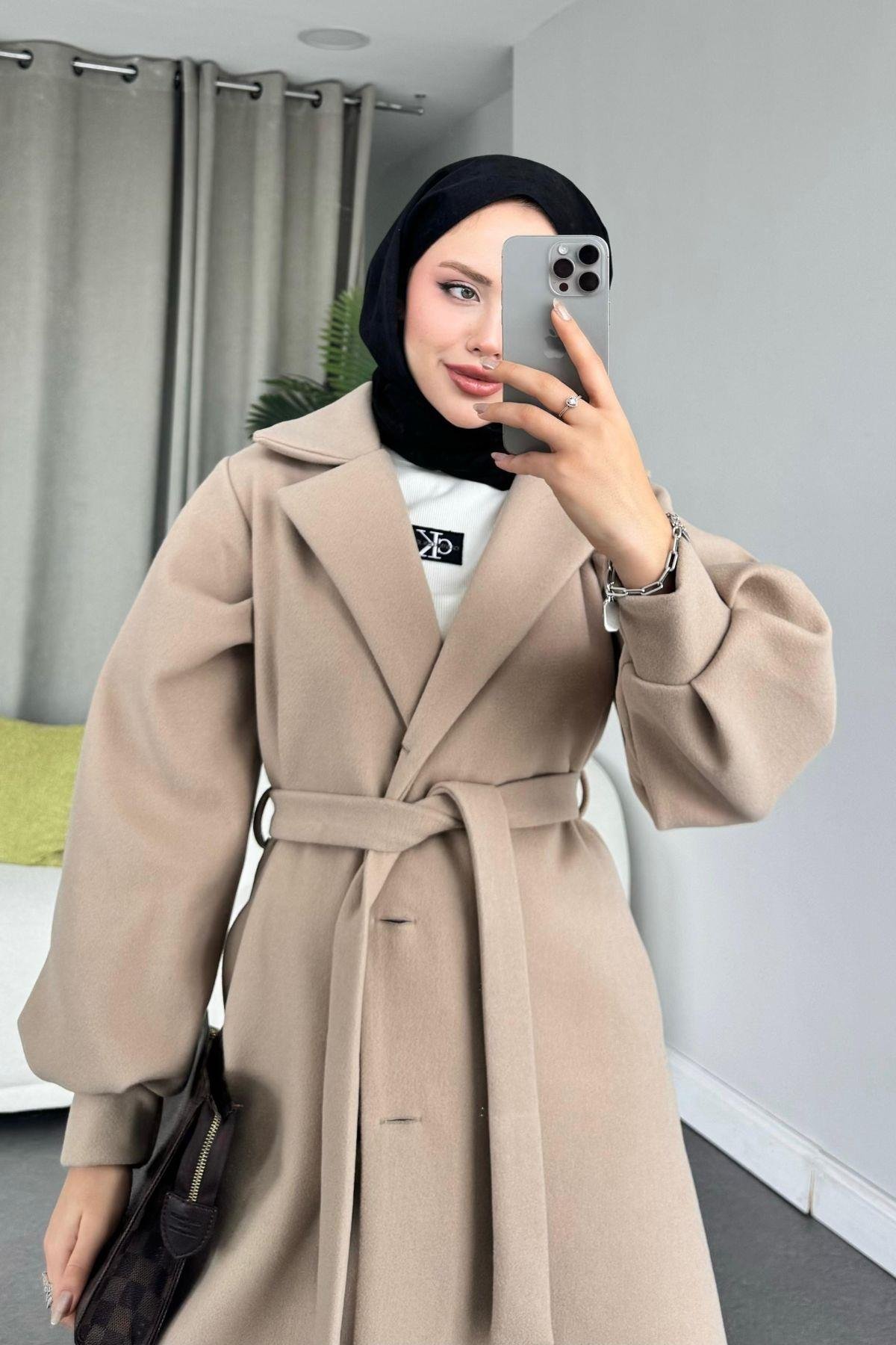 Mihver Kaşe Kaban Bej, Fiyatları Haza Moda | Tesettür Giyim | Mihver Kaşe Kaban Bej