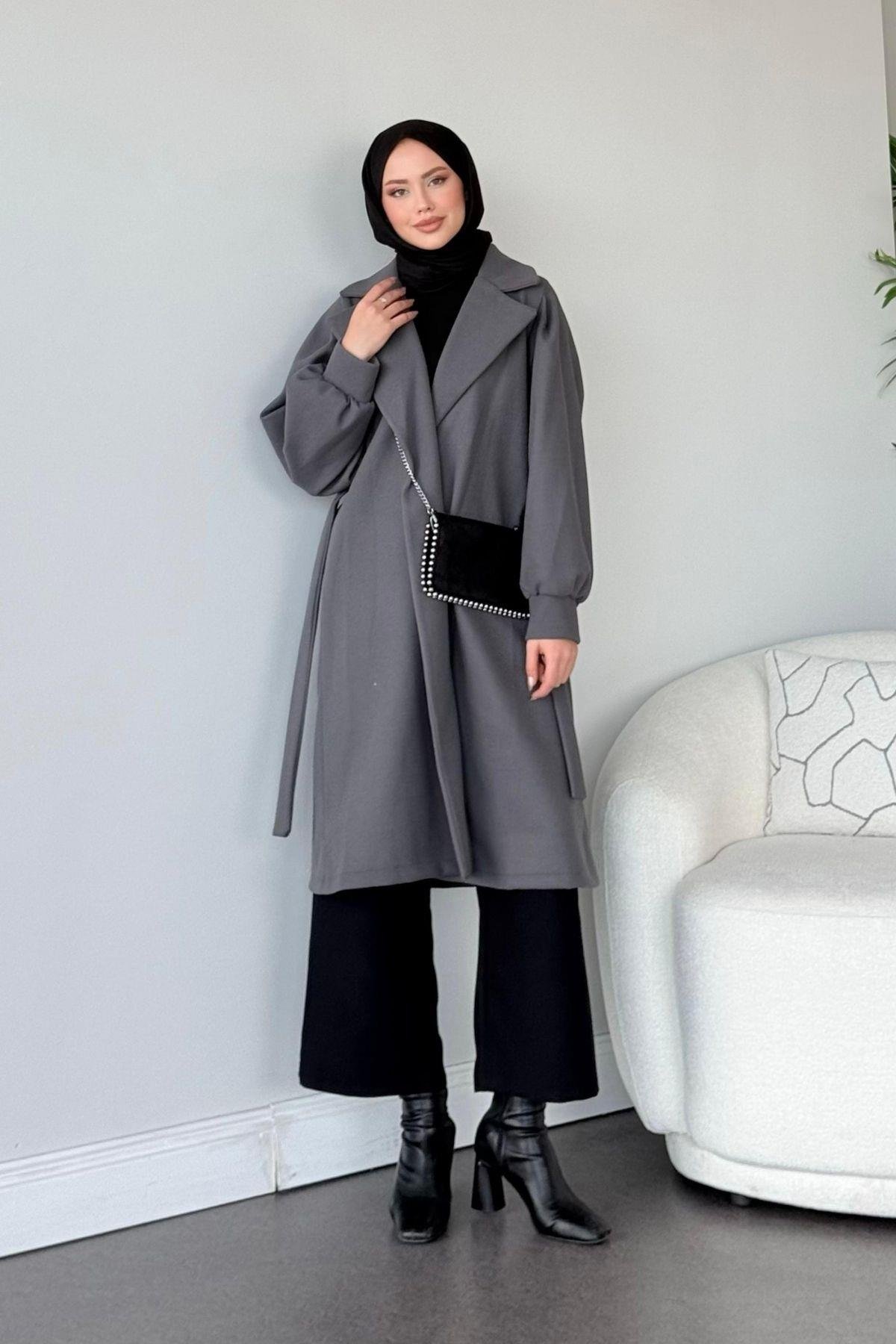Mihver Kaşe Kaban Gri, Fiyatları Haza Moda | Tesettür Giyim | Mihver Kaşe Kaban Gri