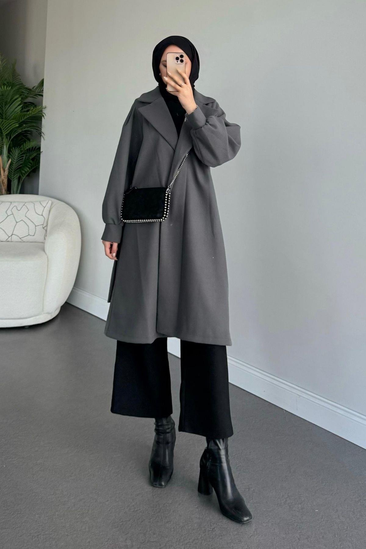 Mihver Kaşe Kaban Gri, Fiyatları Haza Moda | Tesettür Giyim | Mihver Kaşe Kaban Gri