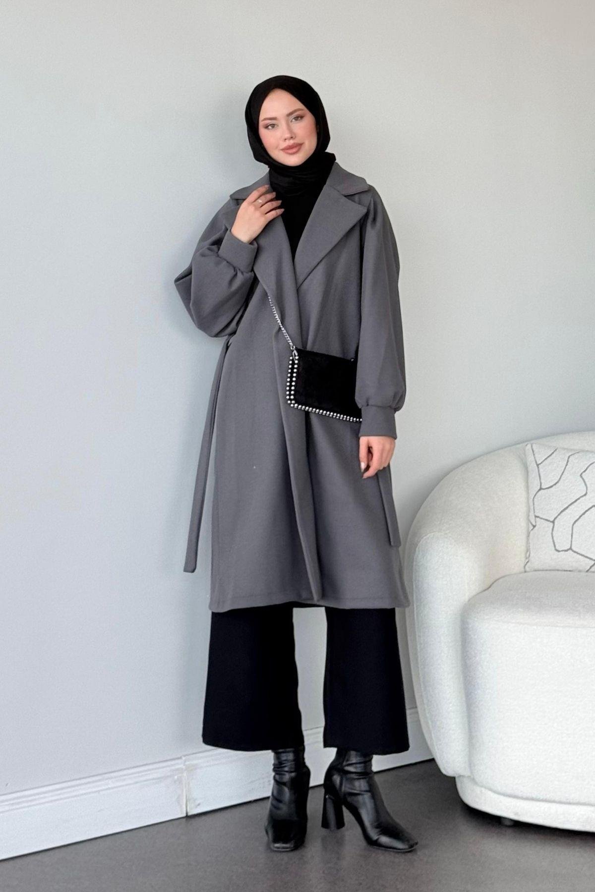 Mihver Kaşe Kaban Gri, Fiyatları Haza Moda | Tesettür Giyim | Mihver Kaşe Kaban Gri