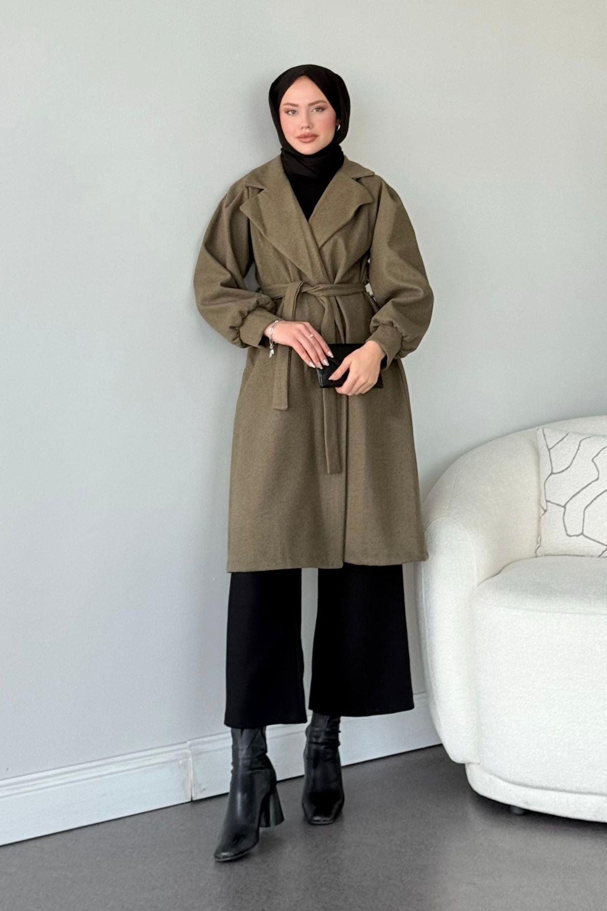 Mihver Kaşe Kaban Haki, Fiyatları Haza Moda | Tesettür Giyim | Mihver Kaşe Kaban Taba