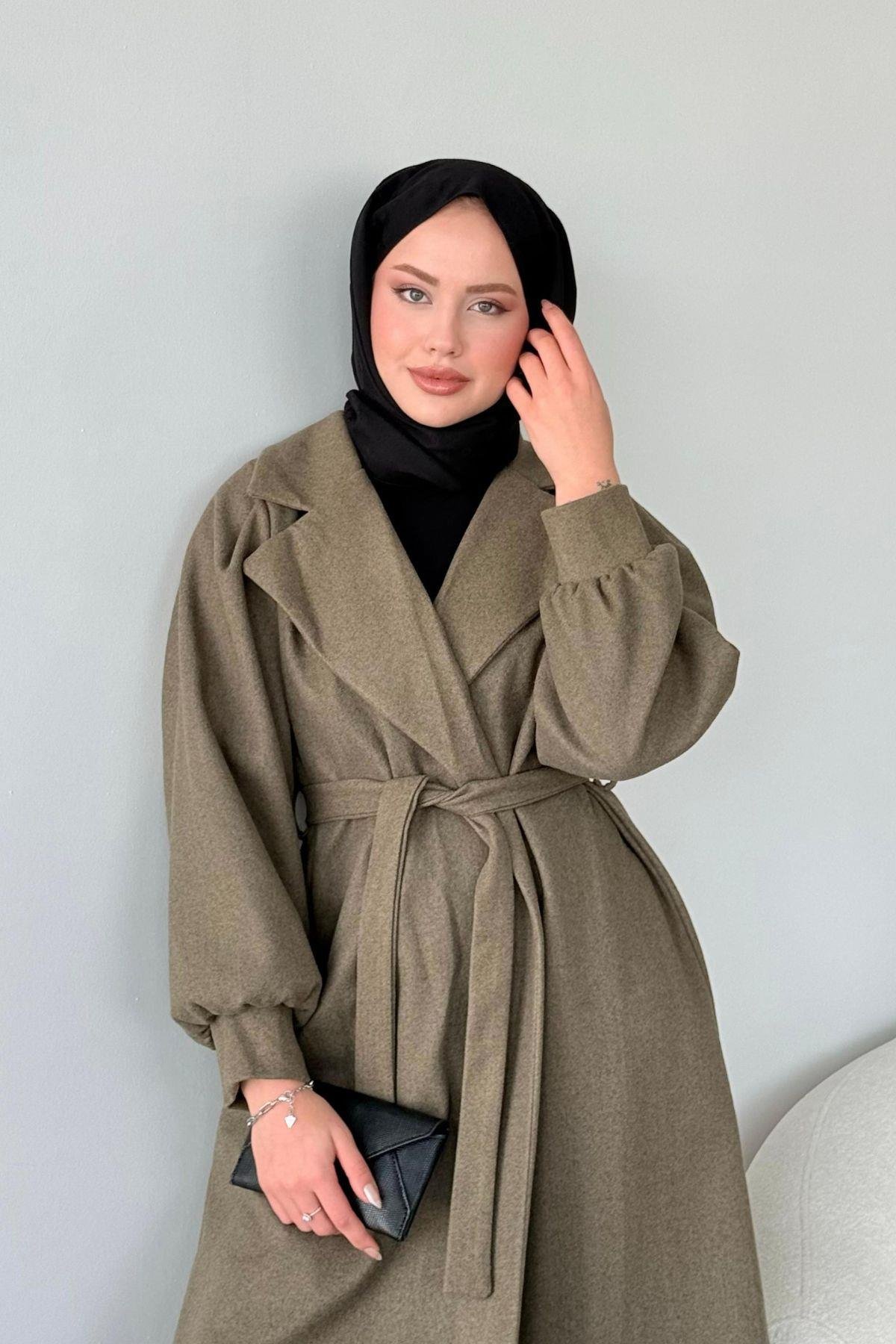 Mihver Kaşe Kaban Haki, Fiyatları Haza Moda | Tesettür Giyim | Mihver Kaşe Kaban Taba