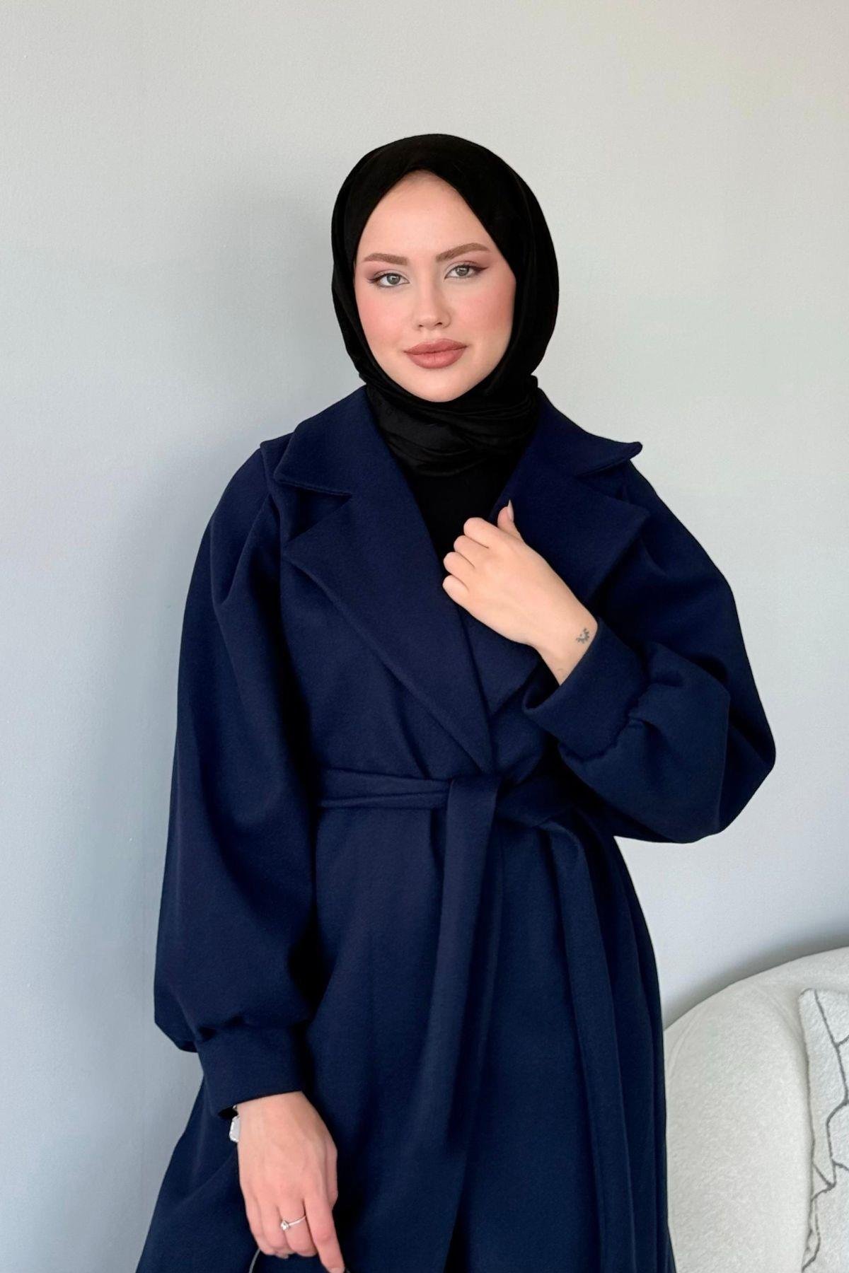 Mihver Kaşe Kaban Lacivert, Fiyatları Haza Moda | Tesettür Giyim | Mihver Kaşe Kaban Lacivert