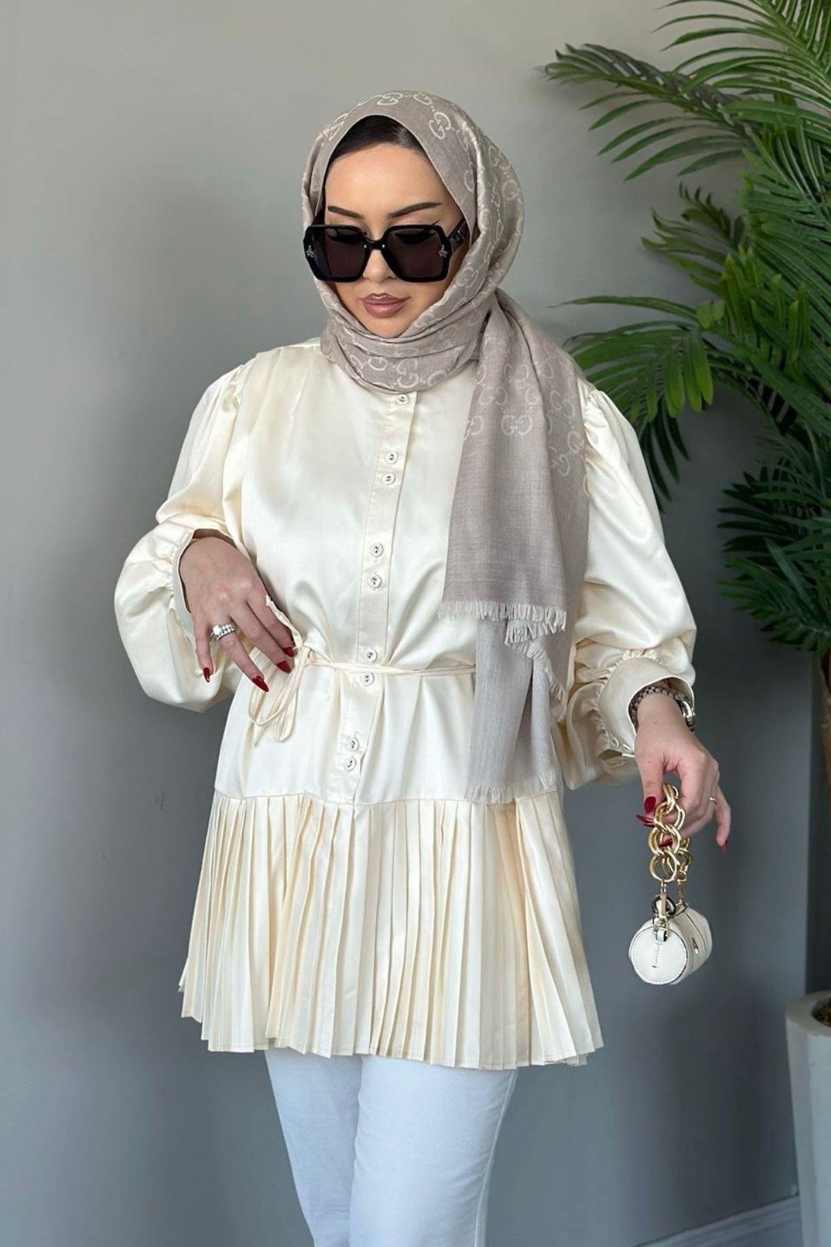 Milano Piliseli Gömlek Bej, Fiyatları Haza Moda | Tesettür Giyim | Milano Piliseli Gömlek Bej