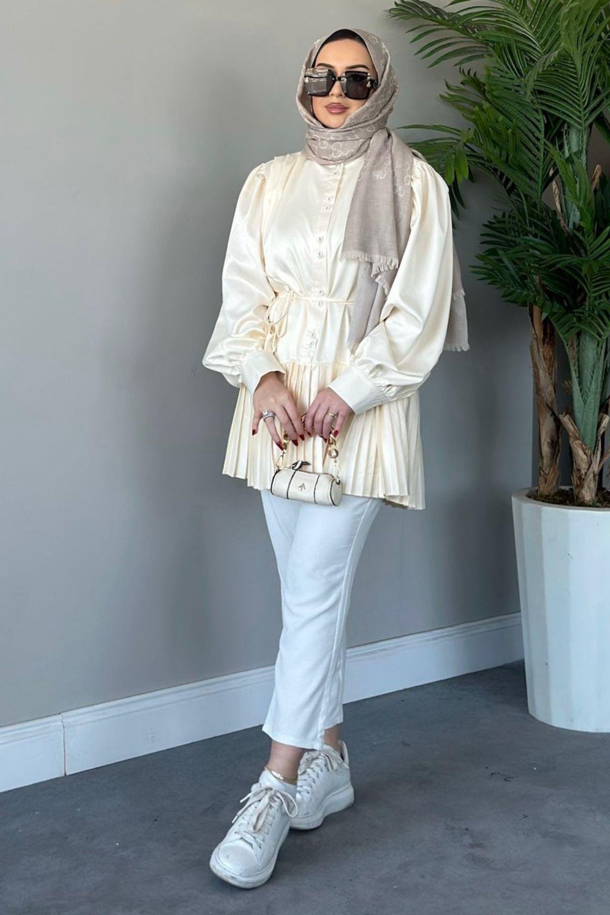 Milano Piliseli Gömlek Bej, Fiyatları Haza Moda | Tesettür Giyim | Milano Piliseli Gömlek Bej