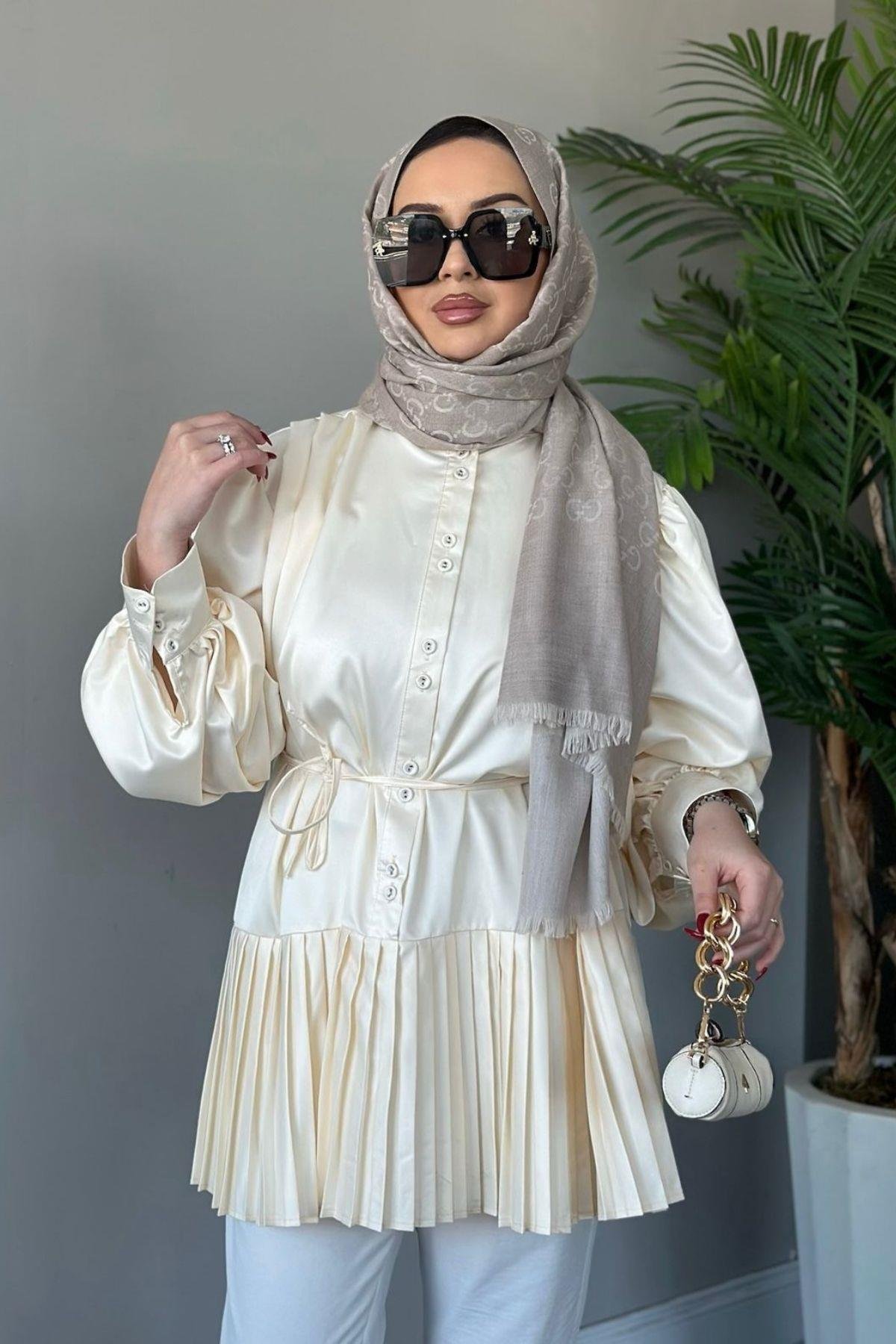 Milano Piliseli Gömlek Bej, Fiyatları Haza Moda | Tesettür Giyim | Milano Piliseli Gömlek Bej