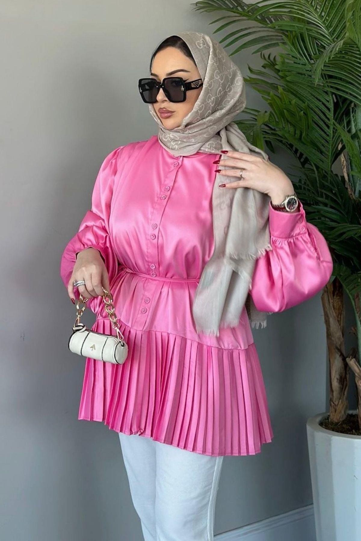 Milano Piliseli Gömlek Fuşya, Fiyatları Haza Moda | Tesettür Giyim | Milano Piliseli Gömlek Fuşya