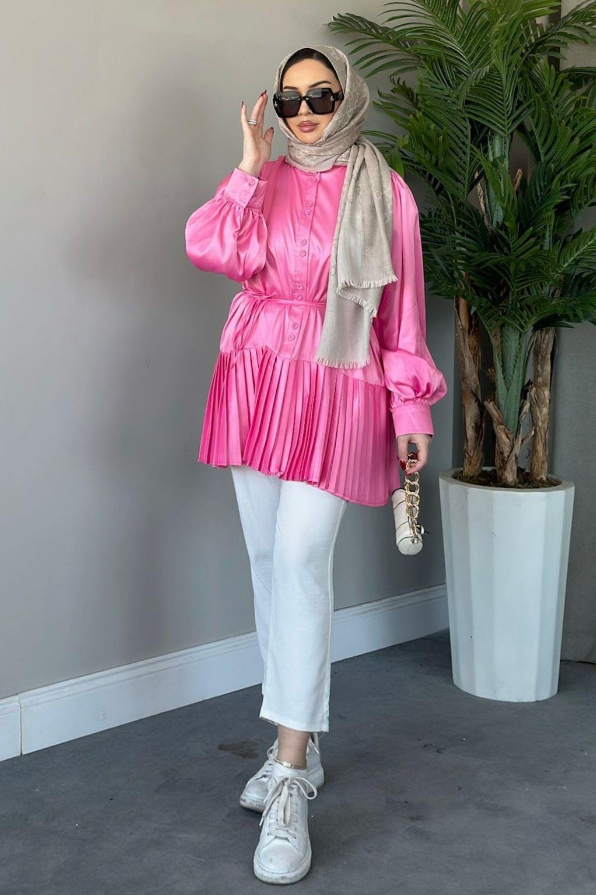 Milano Piliseli Gömlek Fuşya, Fiyatları Haza Moda | Tesettür Giyim | Milano Piliseli Gömlek Fuşya