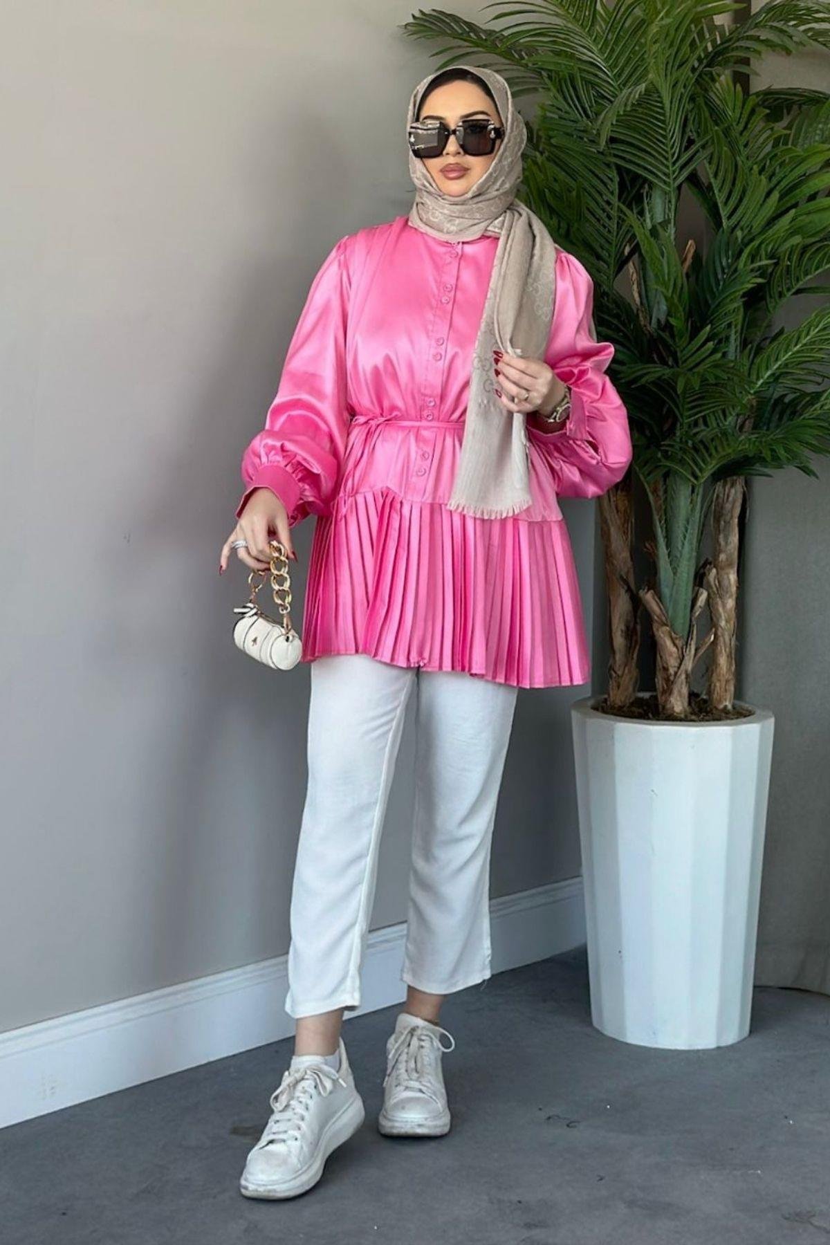 Milano Piliseli Gömlek Fuşya, Fiyatları Haza Moda | Tesettür Giyim | Milano Piliseli Gömlek Fuşya