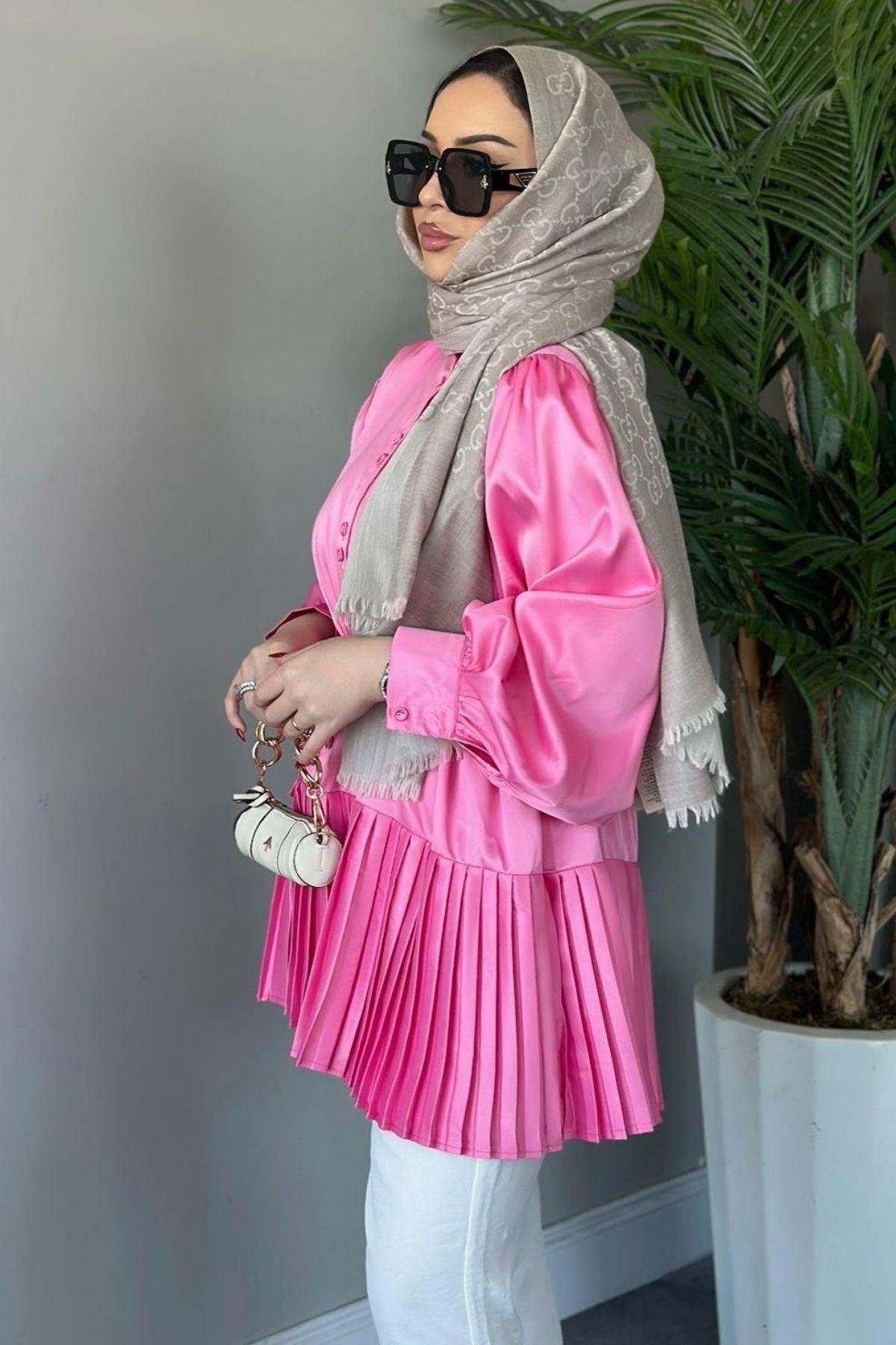 Milano Piliseli Gömlek Fuşya, Fiyatları Haza Moda | Tesettür Giyim | Milano Piliseli Gömlek Fuşya