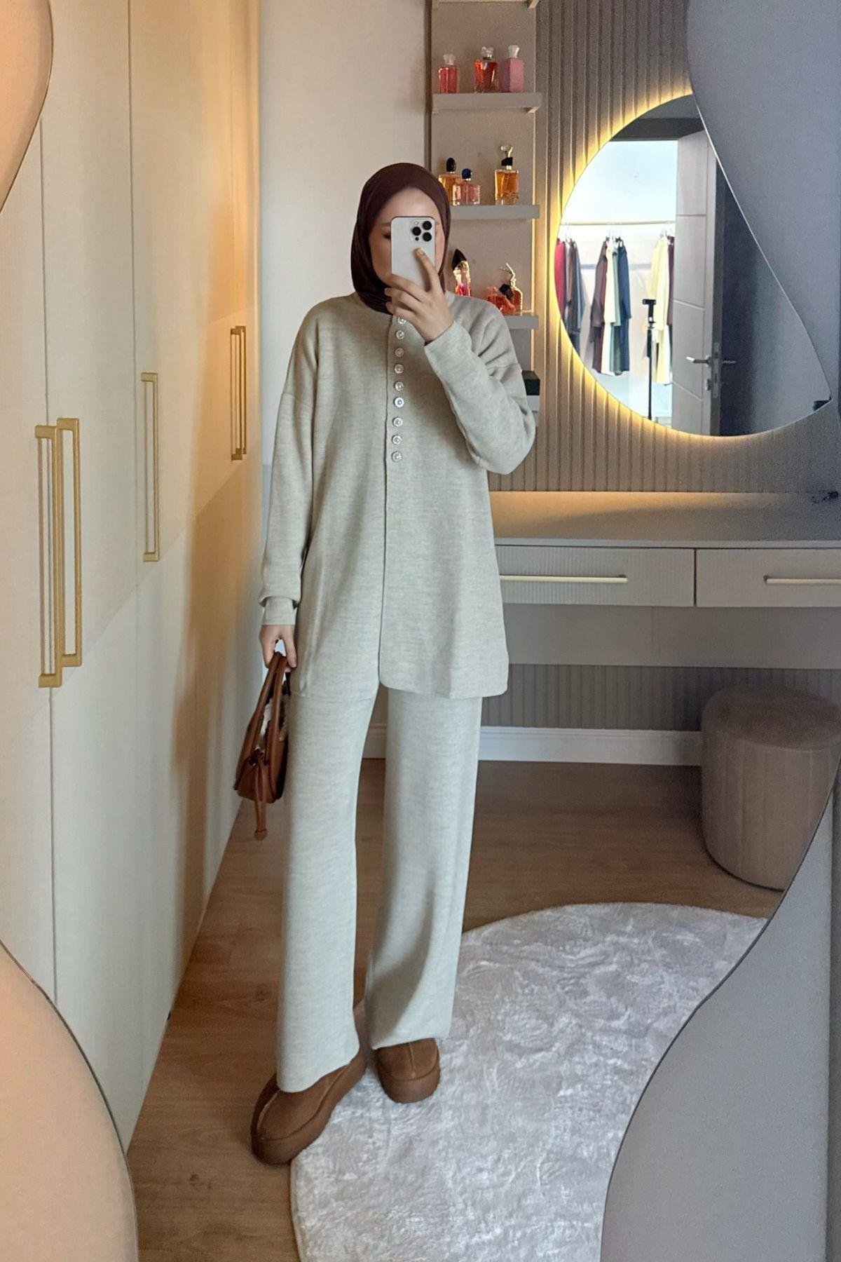 Mine Düğmeli Triko Takım Bej, Fiyatları 