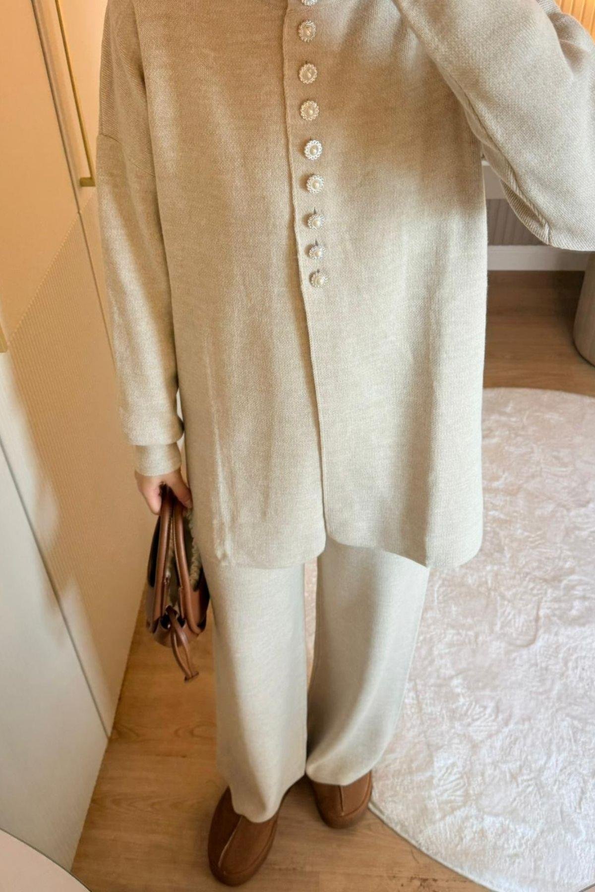 Mine Düğmeli Triko Takım Bej, Fiyatları 