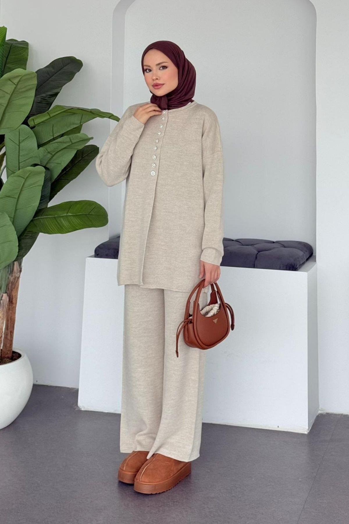 Mine Düğmeli Triko Takım Bej, Fiyatları 