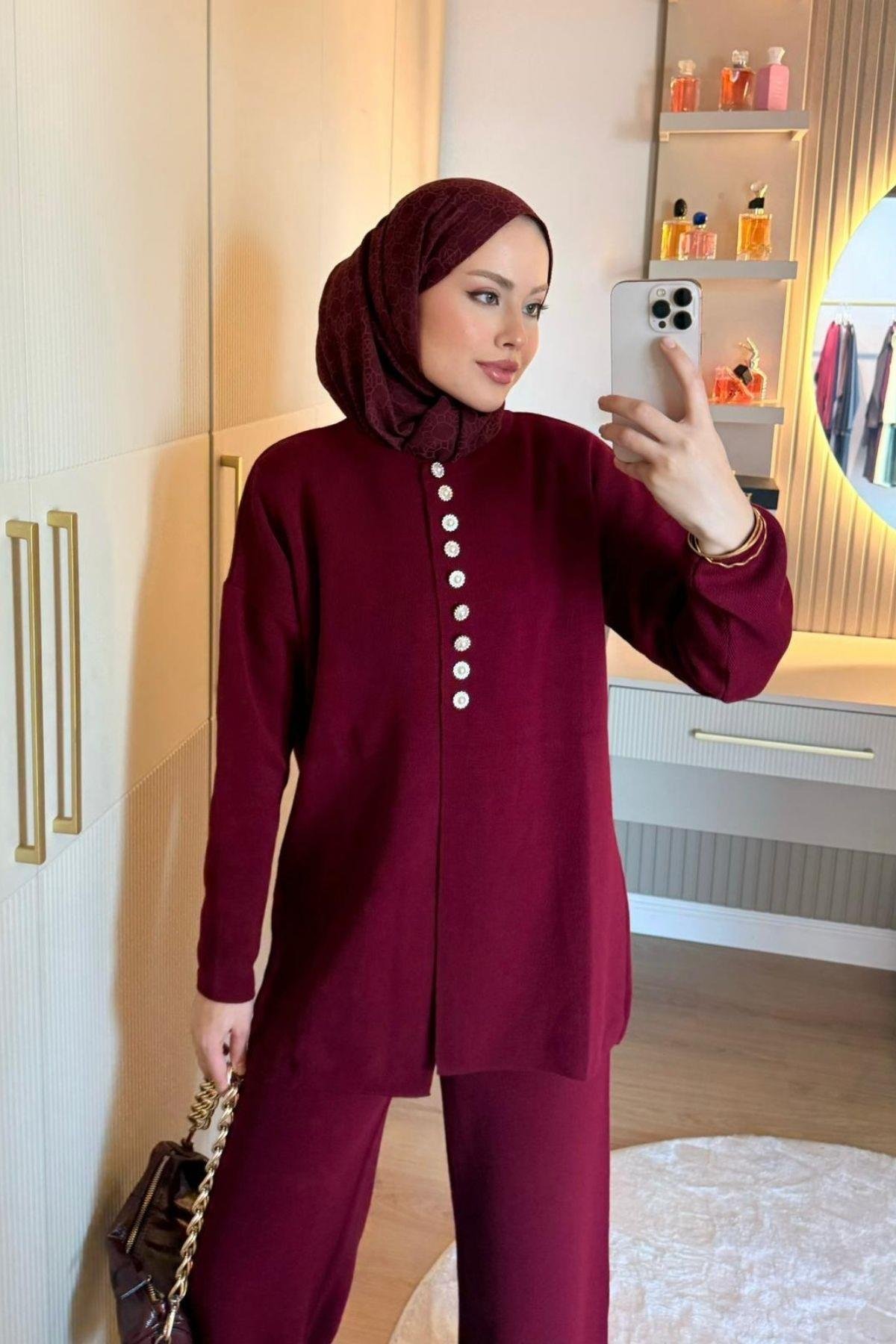 Mine Düğmeli Triko Takım Bordo, Fiyatları 