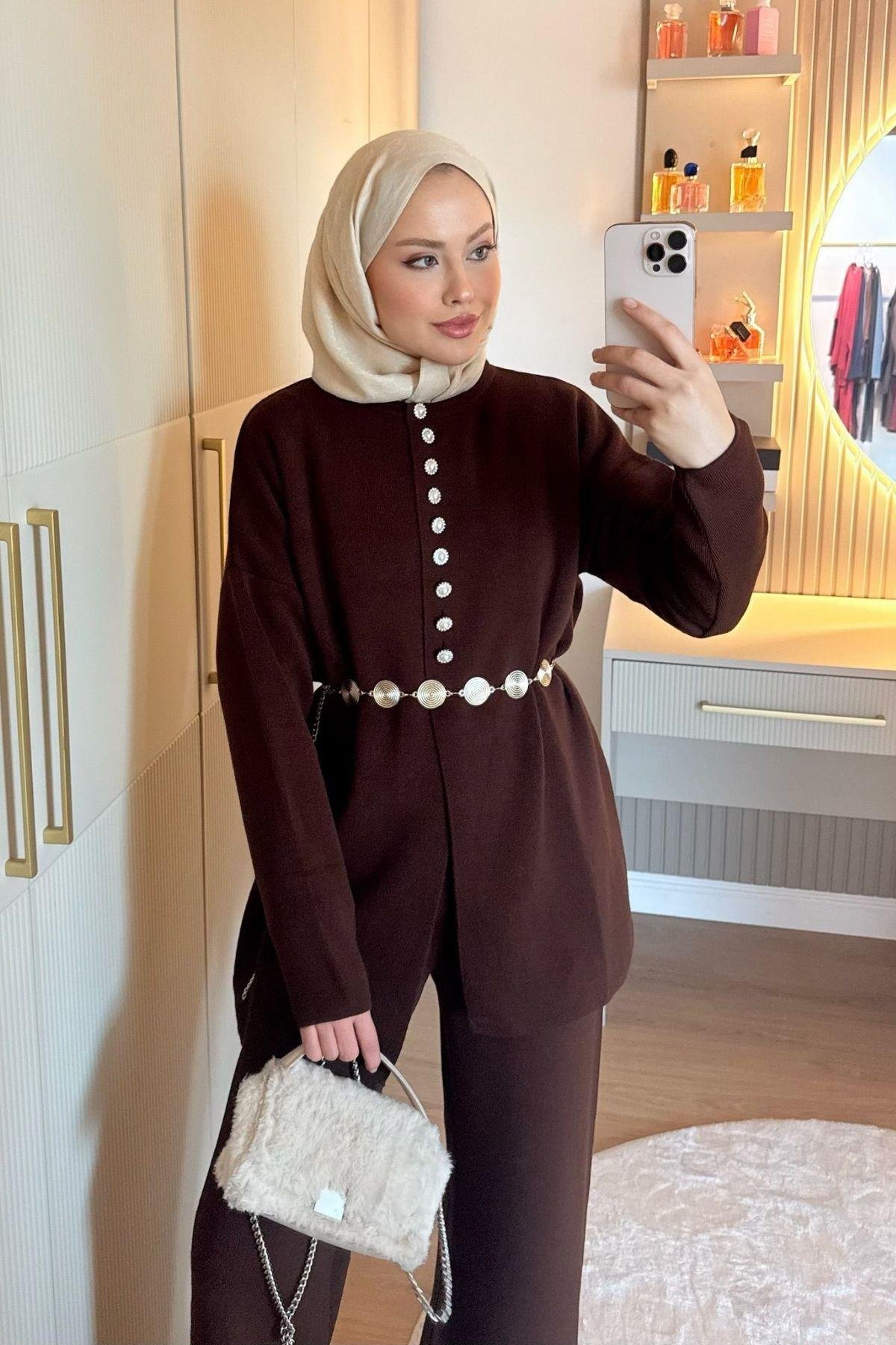 Mine Düğmeli Triko Takım Kahve, Fiyatları 