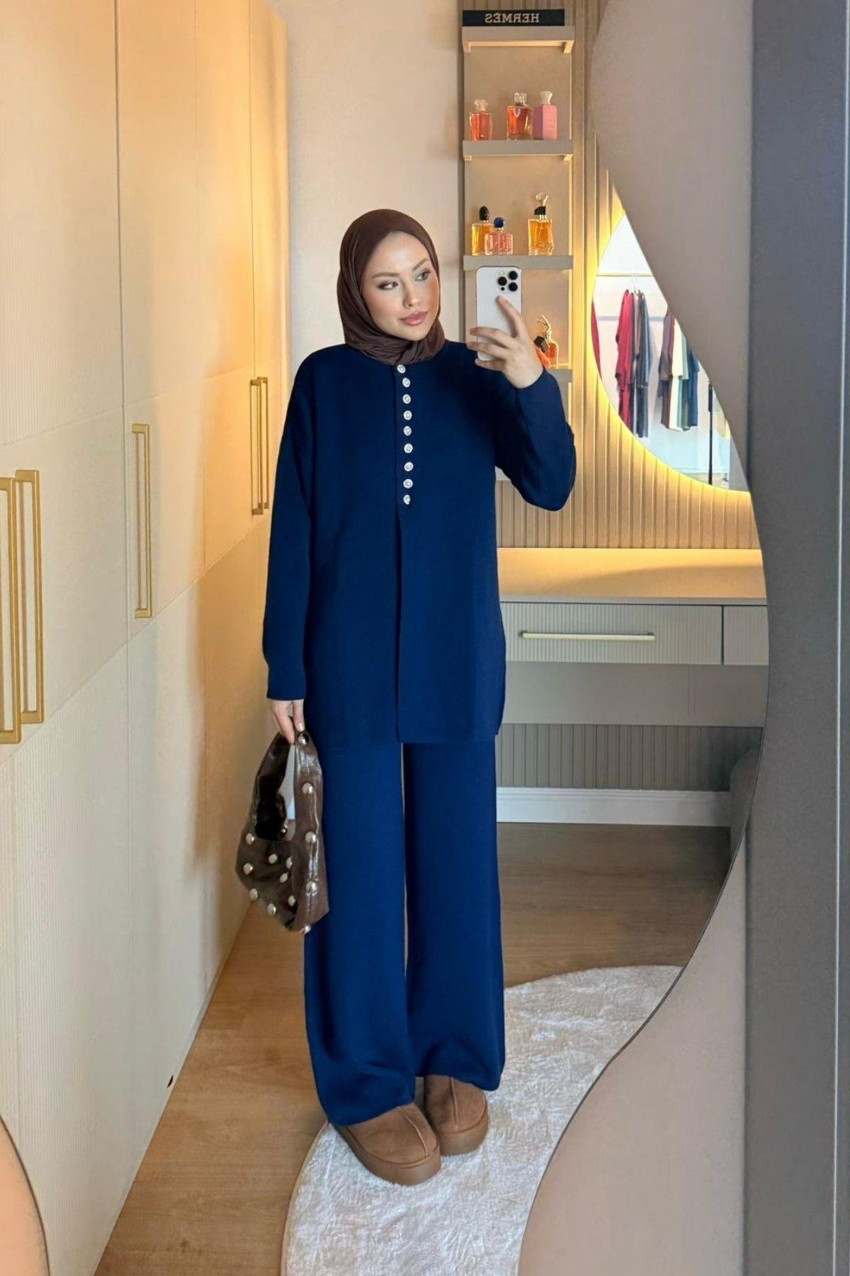 Mine Düğmeli Triko Takım Lacivert, Fiyatları 