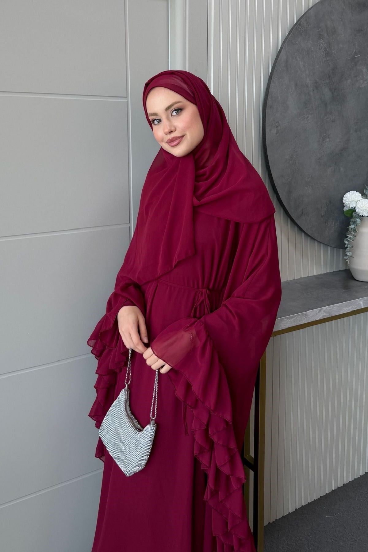 Mısır Pelerinli Şifon Elbise Bordo, Fiyatları 