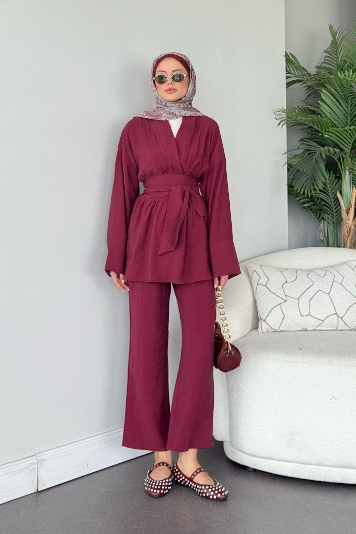 Model Kuşaklı Takım  Bordo, Fiyatları Model Kuşaklı Takım  Bordo - Haza Moda 