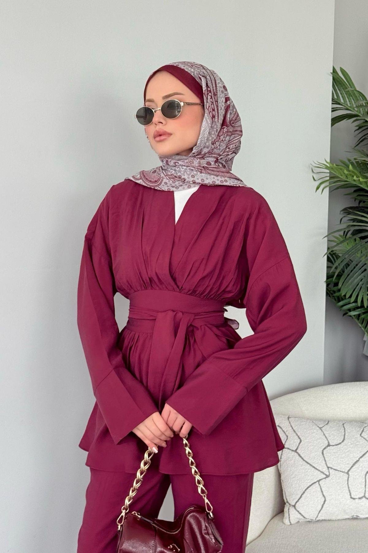 Model Kuşaklı Takım  Bordo, Fiyatları Model Kuşaklı Takım  Bordo - Haza Moda 
