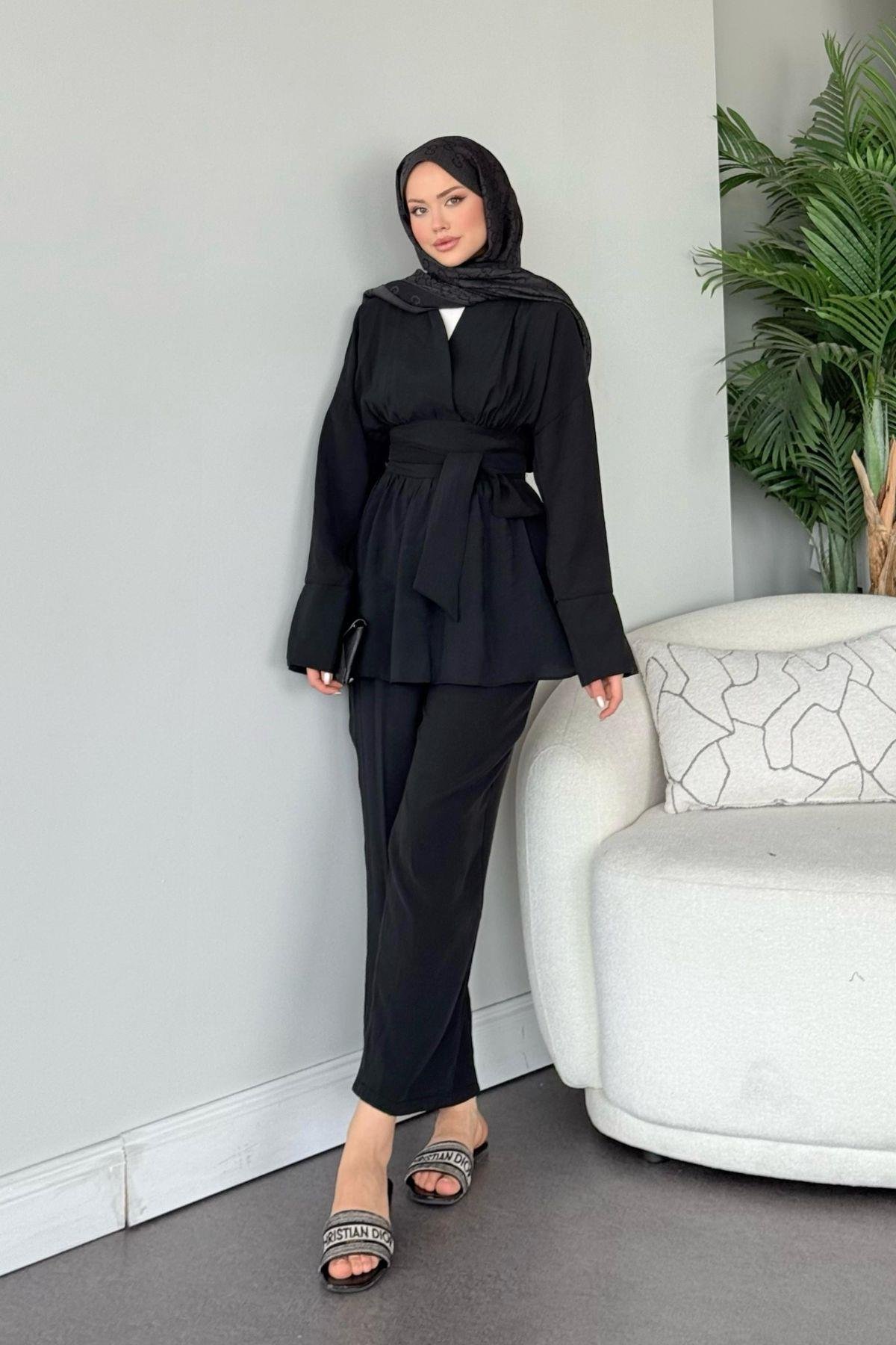 Model Kuşaklı Takım  Siyah, Fiyatları Model Kuşaklı Takım  Siyah- Haza Moda 