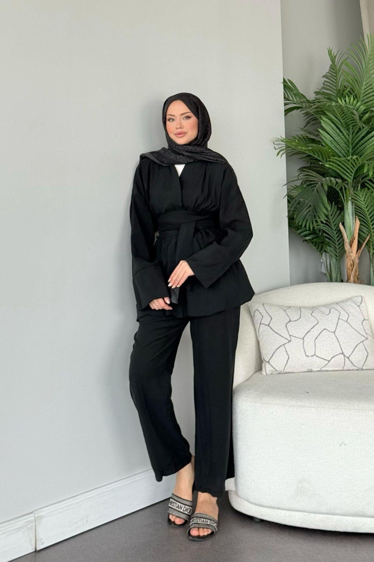 Model Kuşaklı Takım  Siyah, Fiyatları Model Kuşaklı Takım  Siyah- Haza Moda 
