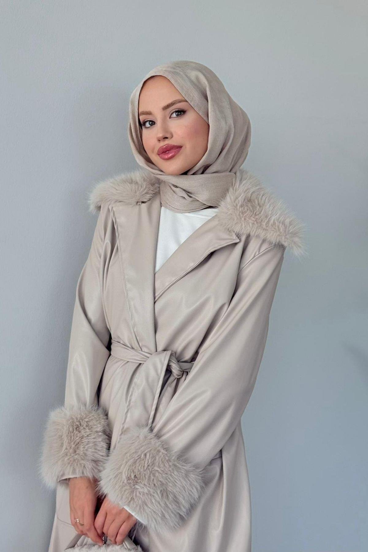 Monako Deri Kürklü Trenç Bej, Fiyatları Monako Deri Kürklü Trenç Bej- Haza Moda 